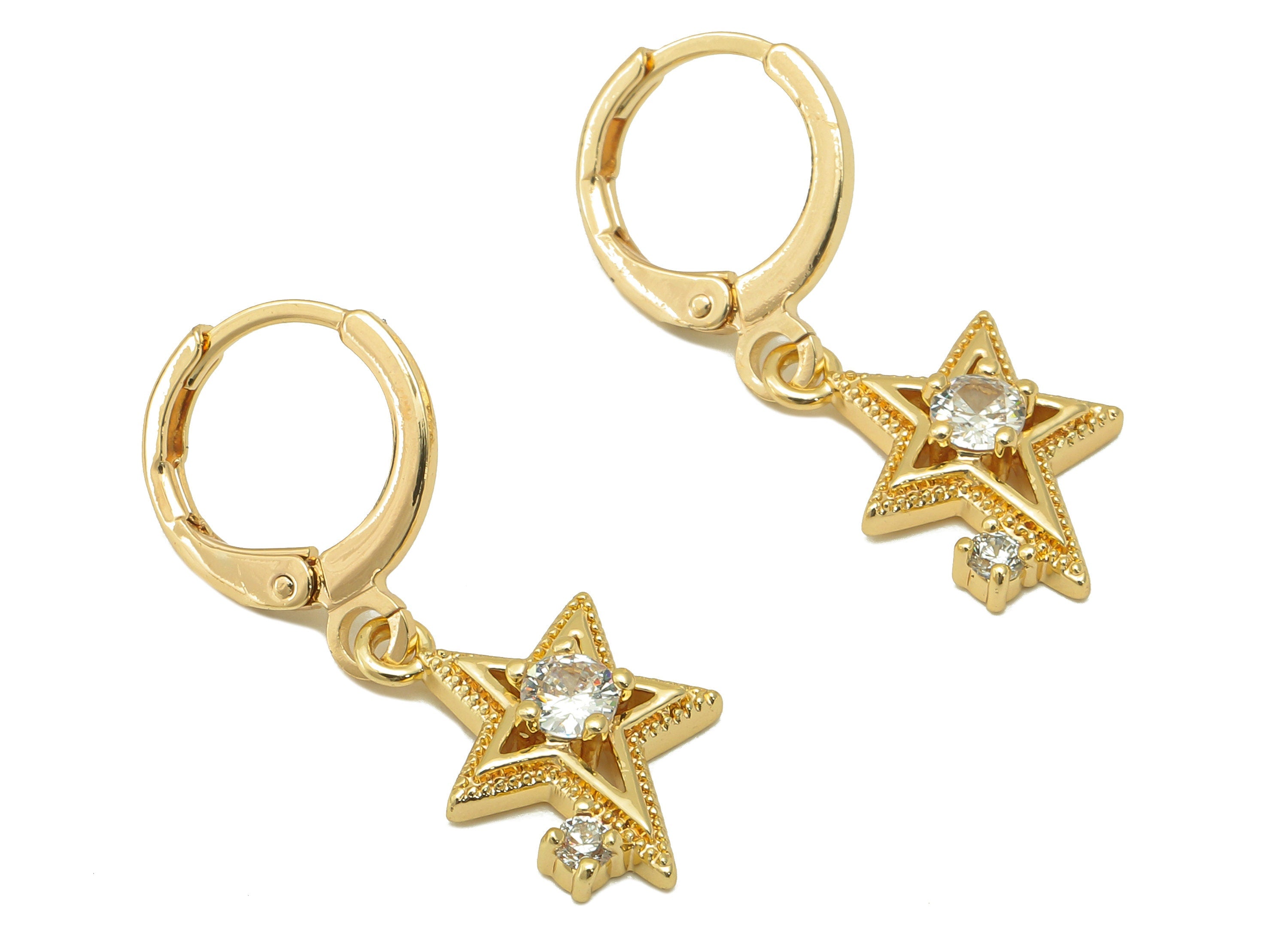 Brass Clasp Star Earring - Solitaire Huggie Hoop-Cubic Zirconia Clasp Earring-Huggie Hoop-18K Real Gold Plating-27.7x11.4x 3.2mm-RGP6003 - DOMEDBAZAAR