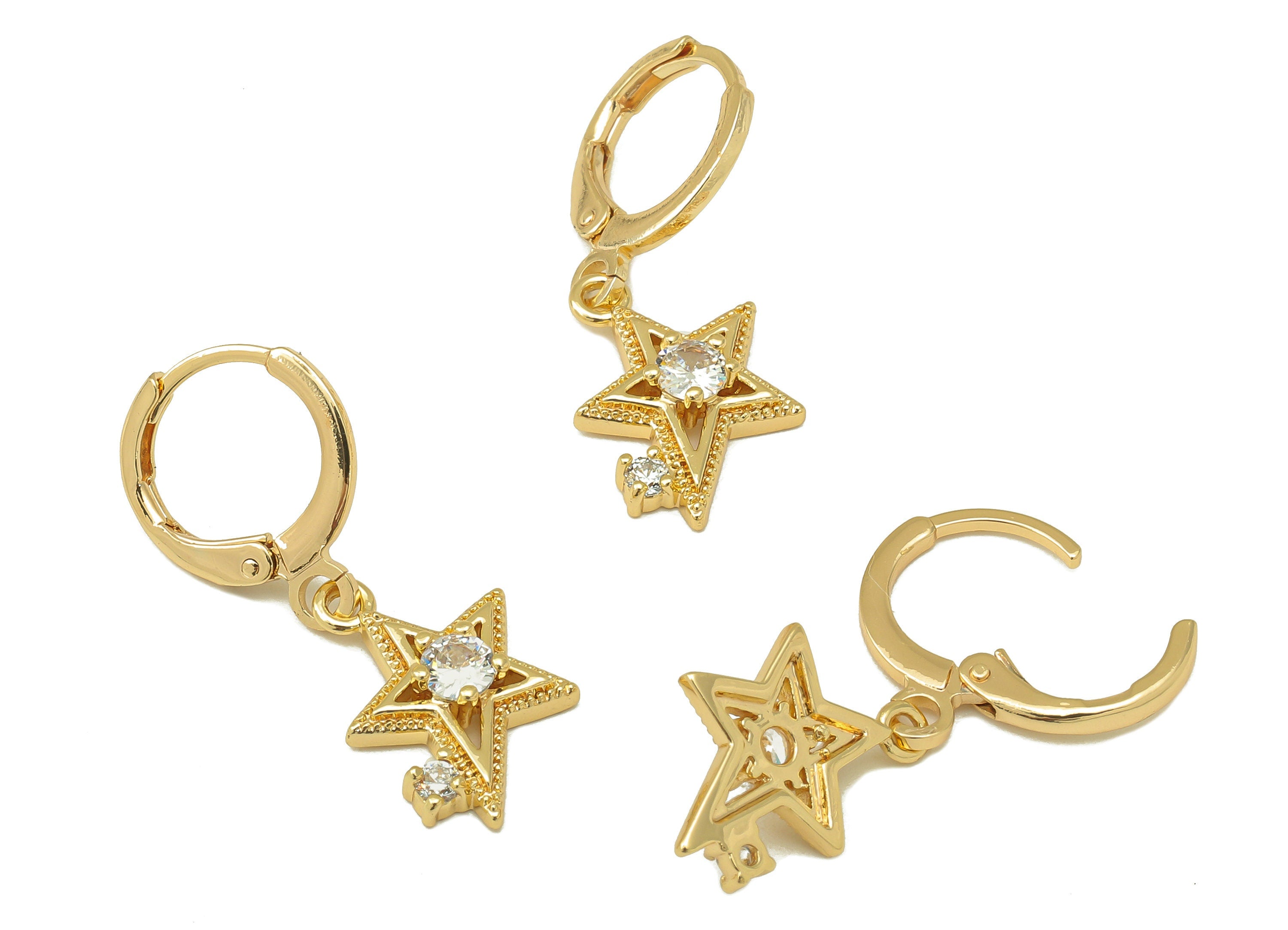 Brass Clasp Star Earring - Solitaire Huggie Hoop-Cubic Zirconia Clasp Earring-Huggie Hoop-18K Real Gold Plating-27.7x11.4x 3.2mm-RGP6003 - DOMEDBAZAAR