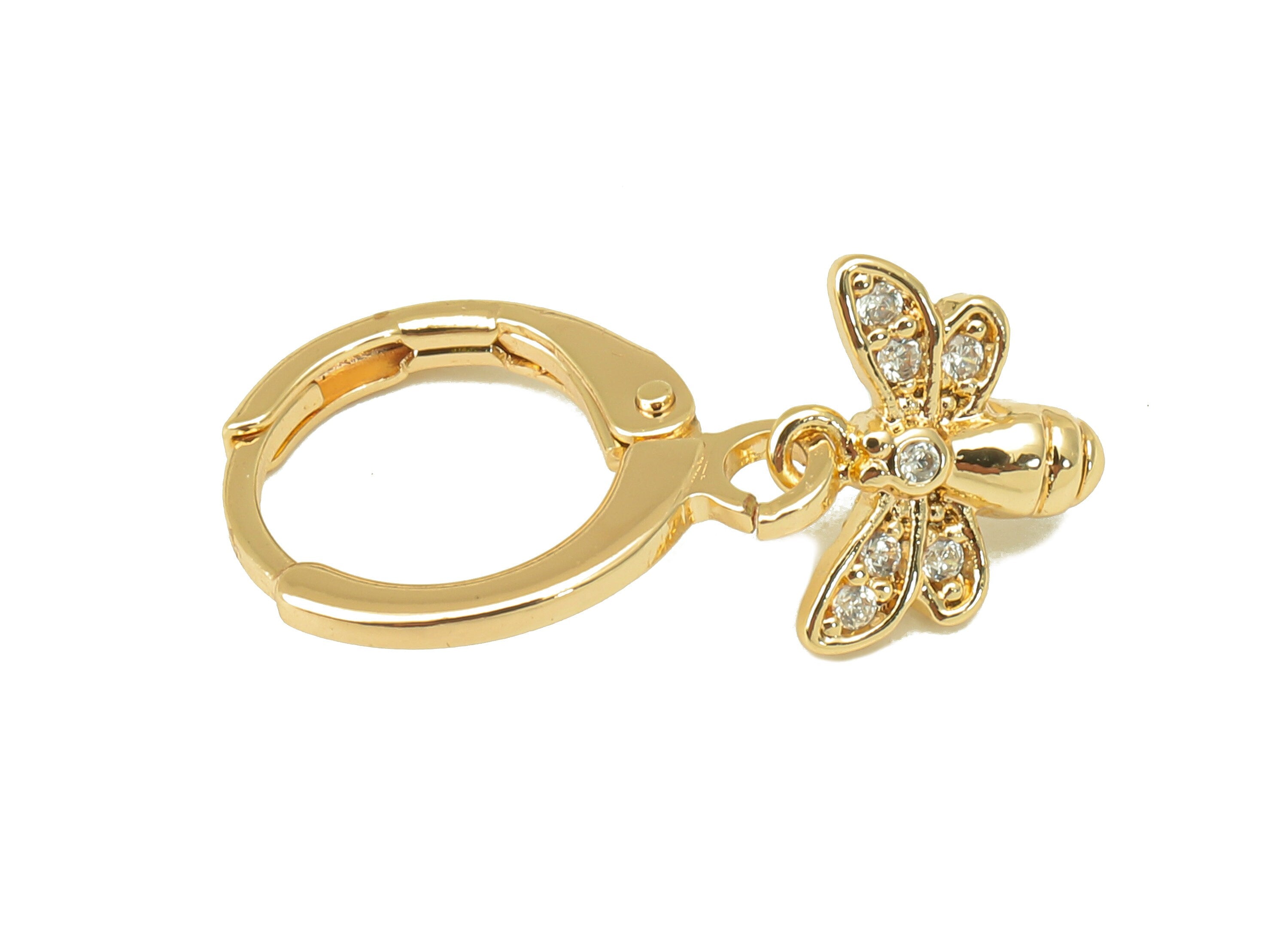 Brass Clasp Bee Earring - Huggie Hoop-Cubic Zirconia Clasp Earring-Huggie Hoop-18K Real Gold Plating-21.8x11.58x 1.84mm-RGP6006 - DOMEDBAZAAR