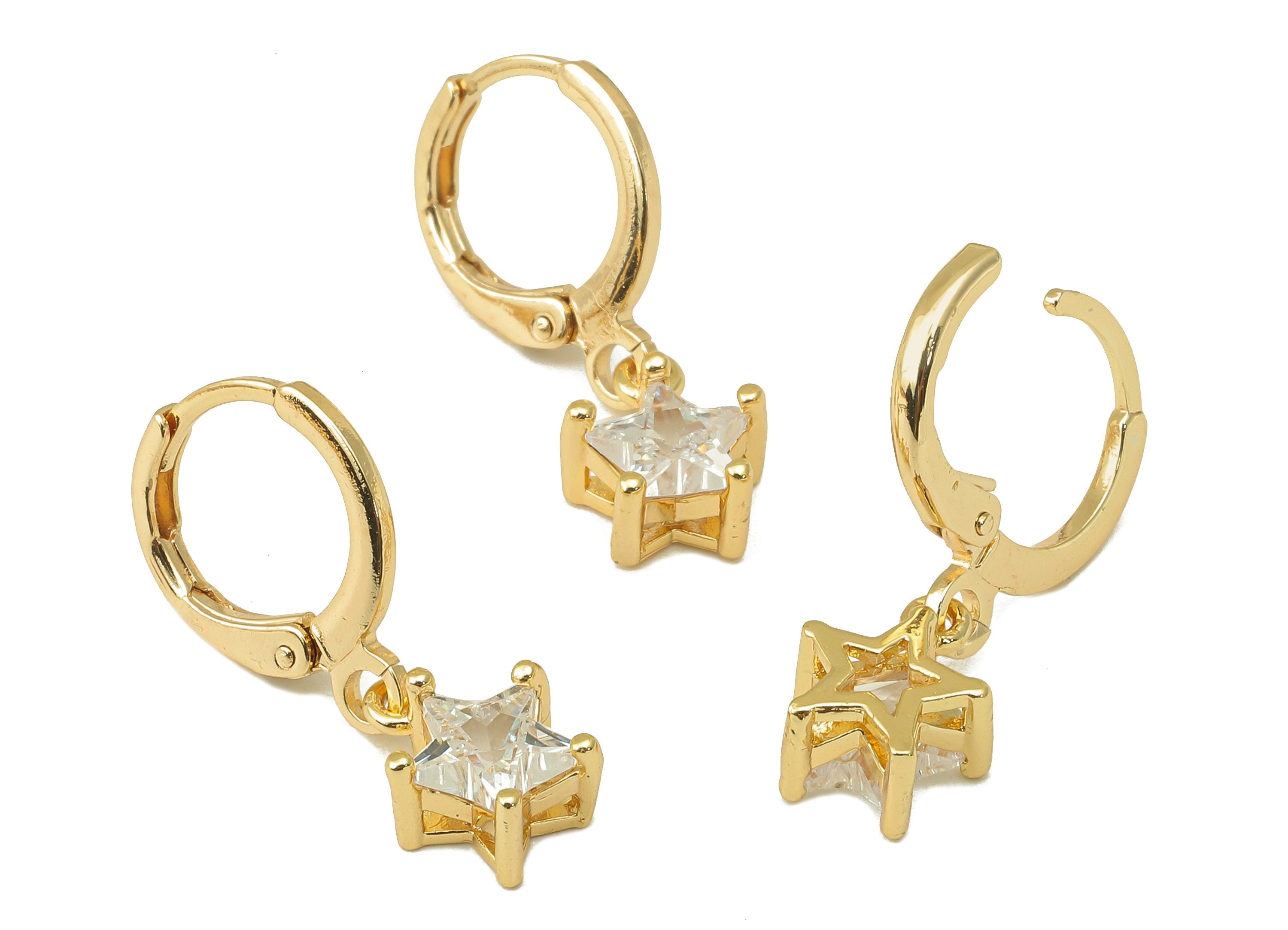 Brass Clasp Star Earring -Brass Huggie Hoop-Cubic Zirconia Clasp Earring - Huggie Hoop-18K Real Gold Plating - 23.05x 11.09x 4.3mm - RGP6008 - DOMEDBAZAAR
