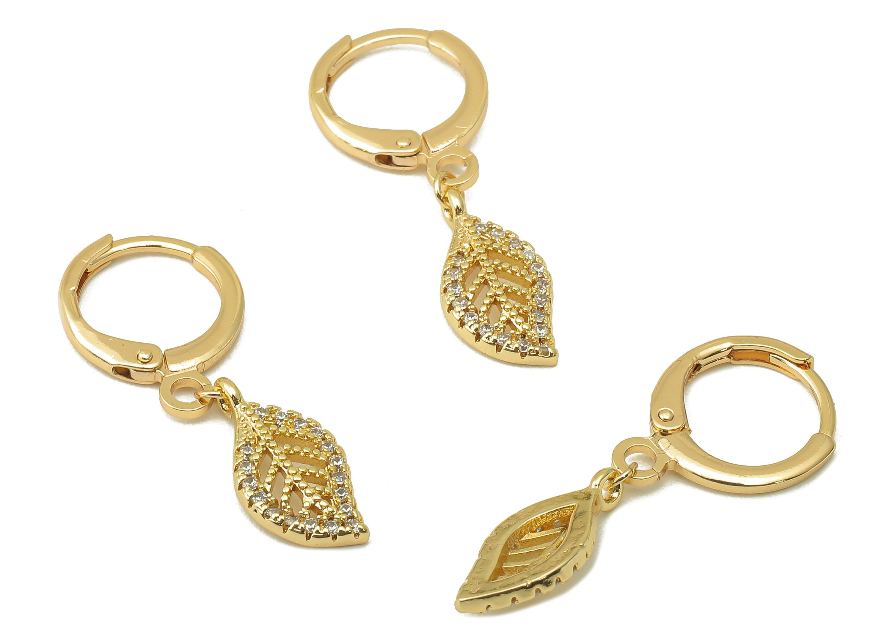 Brass Clasp Leaf Earring -Brass Huggie Hoop-Cubic Zirconia Clasp Earring - Botanical Hoop-18K Real Gold Plating - 29.4x 11.4x2.1mm - RGP6009 - DOMEDBAZAAR