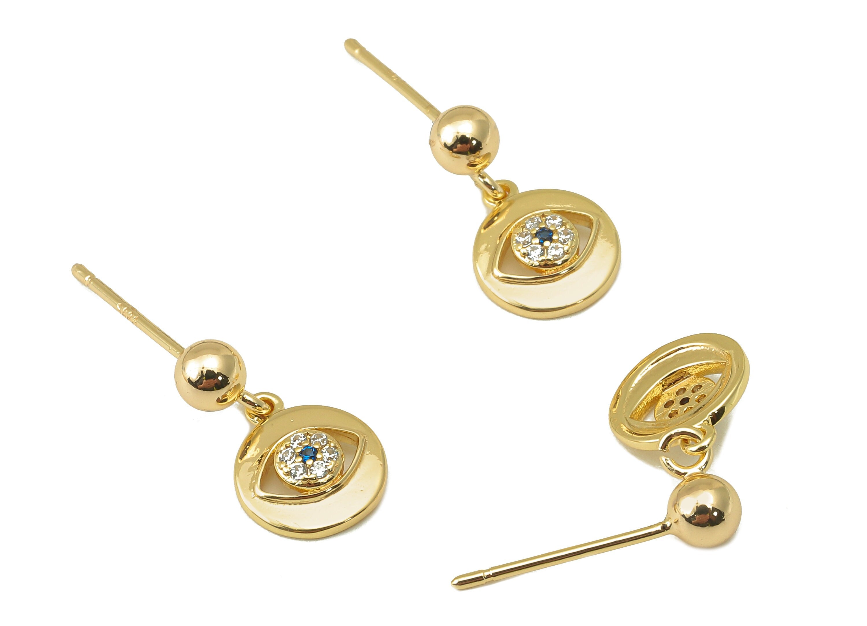 Brass Eye Stud Earring -Brass Round Earring Post- Cubic Zirconia Earring - CZ Earring Post-18K Real Gold Plating - 15.6x 8.4x2.3mm - RGP6010 - DOMEDBAZAAR