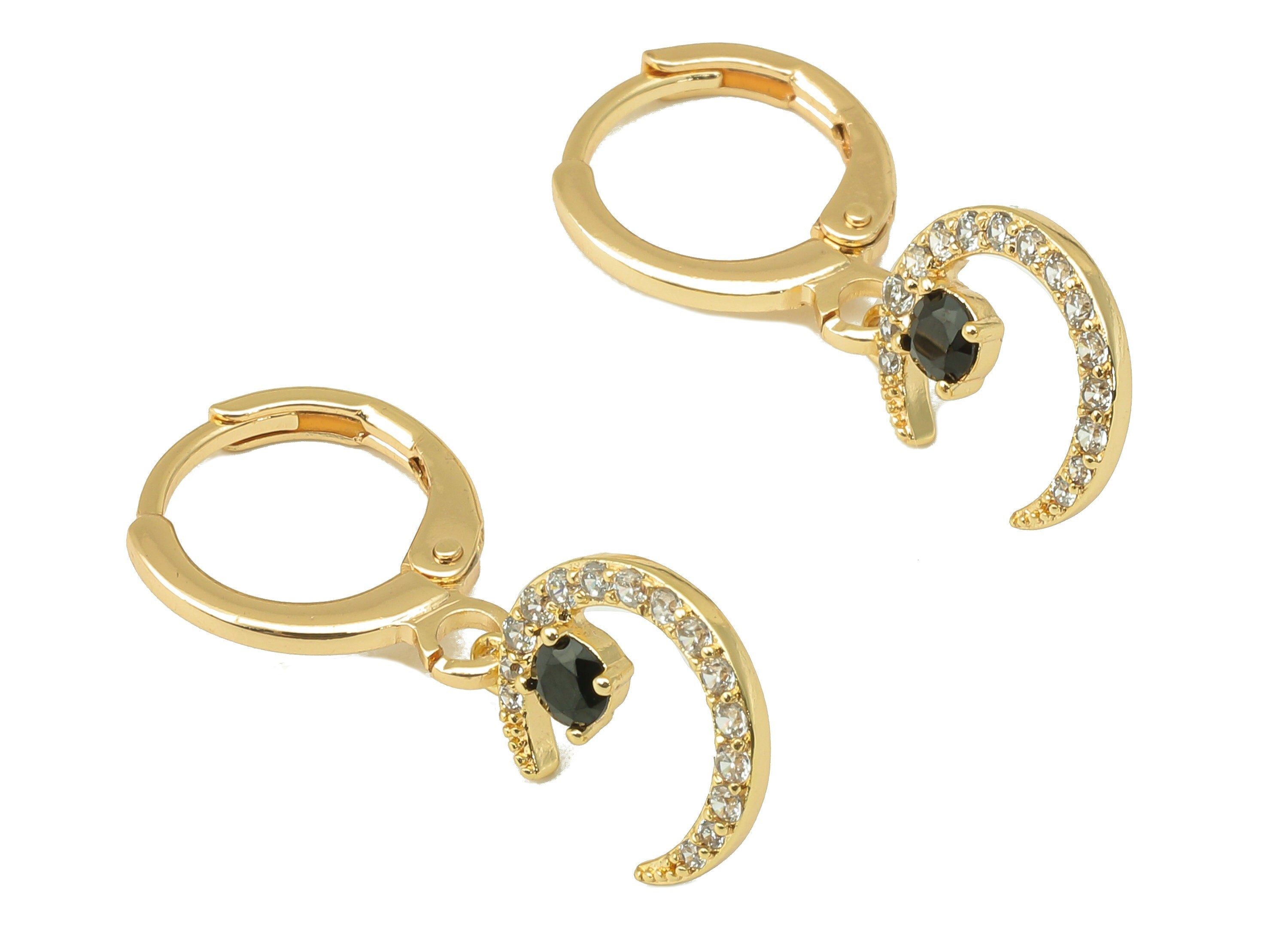 Brass Clasp Crescent Earring - Brass Moon Huggie Hoop - Cubic Black Zirconia Clasp Earring - 18K Real Gold Plating-25.4x11.4x1.9mm - RGP6018 - DOMEDBAZAAR
