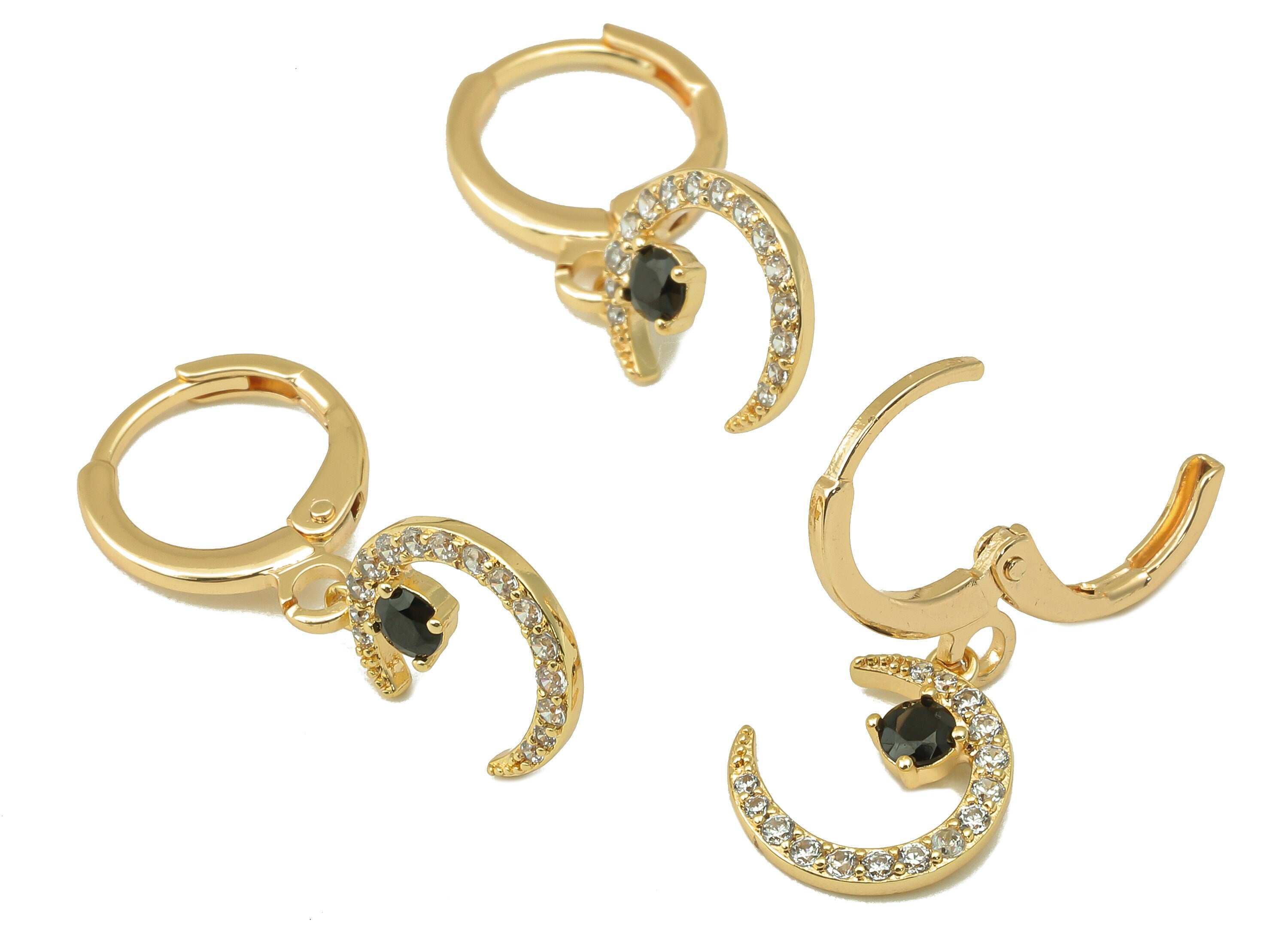 Brass Clasp Crescent Earring - Brass Moon Huggie Hoop - Cubic Black Zirconia Clasp Earring - 18K Real Gold Plating-25.4x11.4x1.9mm - RGP6018 - DOMEDBAZAAR