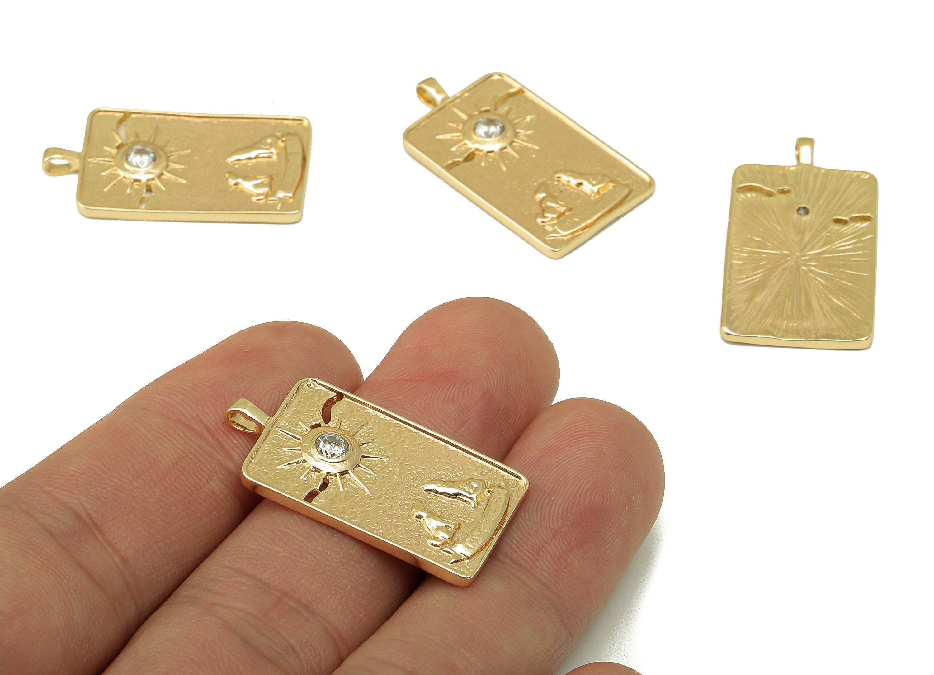 Brass Rectangle Sun Pendant-Zircon Sun Earring-Rectangle Carved Animal Pendant-Rectangle Necklace-Jewelry Making-30.56x16.48x2.4mm-RGP6165 - DOMEDBAZAAR