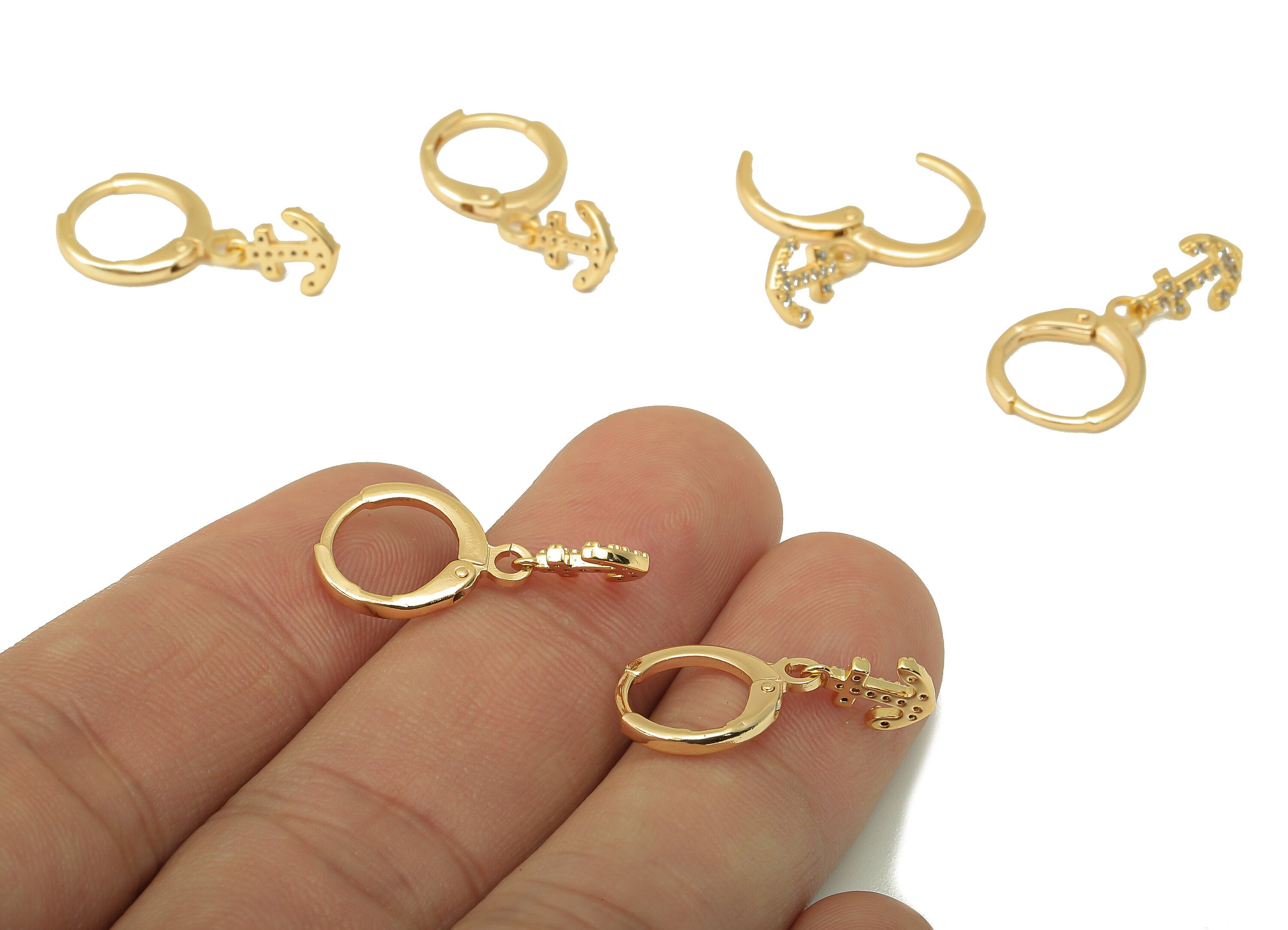 Brass Clasp Anchor Earring - Brass CZ Huggie Hoop - Sagittarius Cubic Zirconia Hoop Earring - 18K Real Gold Plating-23x11.2x1.5mm - RGP6023 - DOMEDBAZAAR
