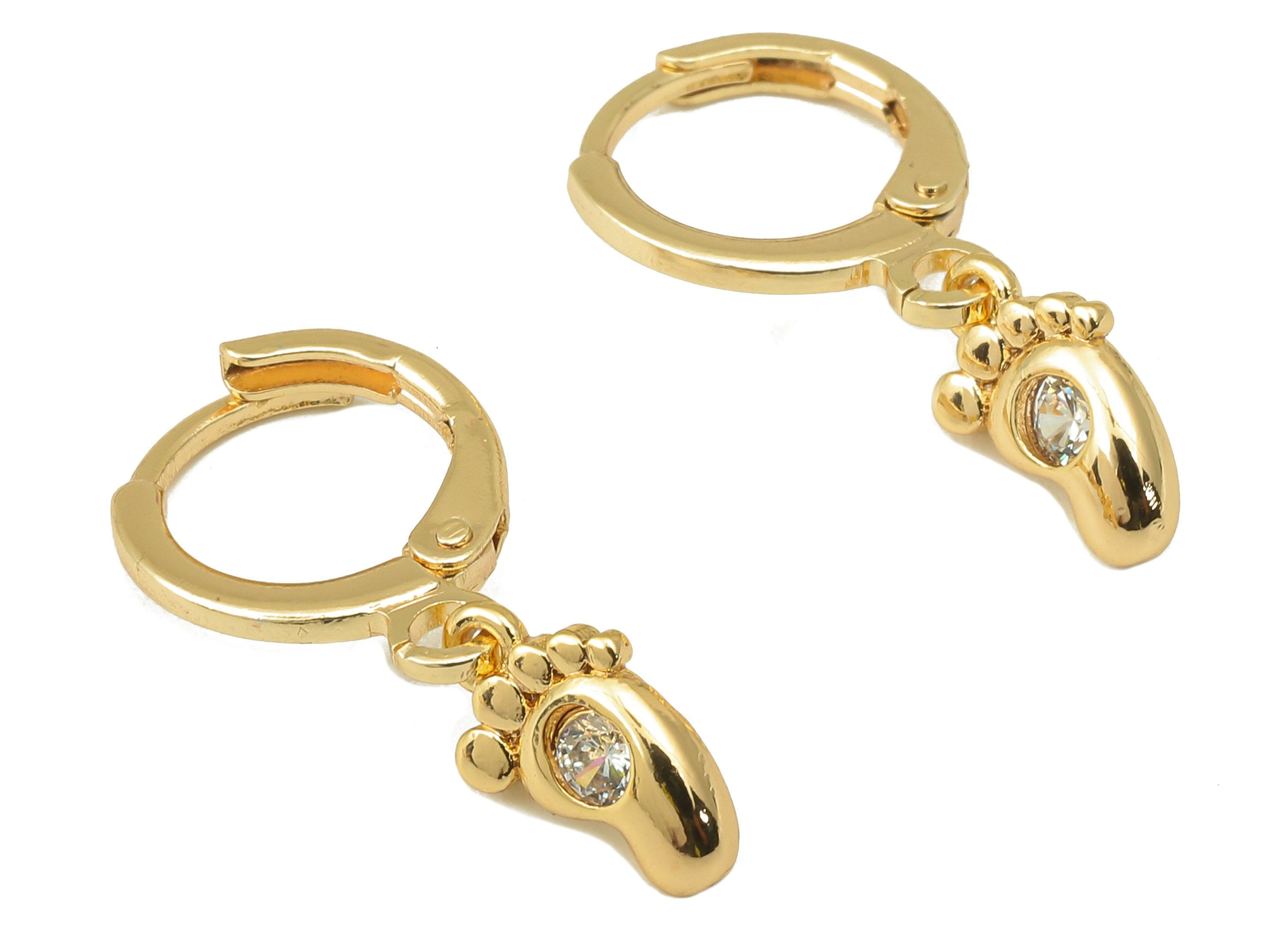 Brass Clasp Foot Earring - Brass CZ Huggie Hoop - Baby Foot Cubic Zirconia Hoop Earring - 18K Real Gold Plating-23.6x 11.83x2.56mm - RGP6025 - DOMEDBAZAAR