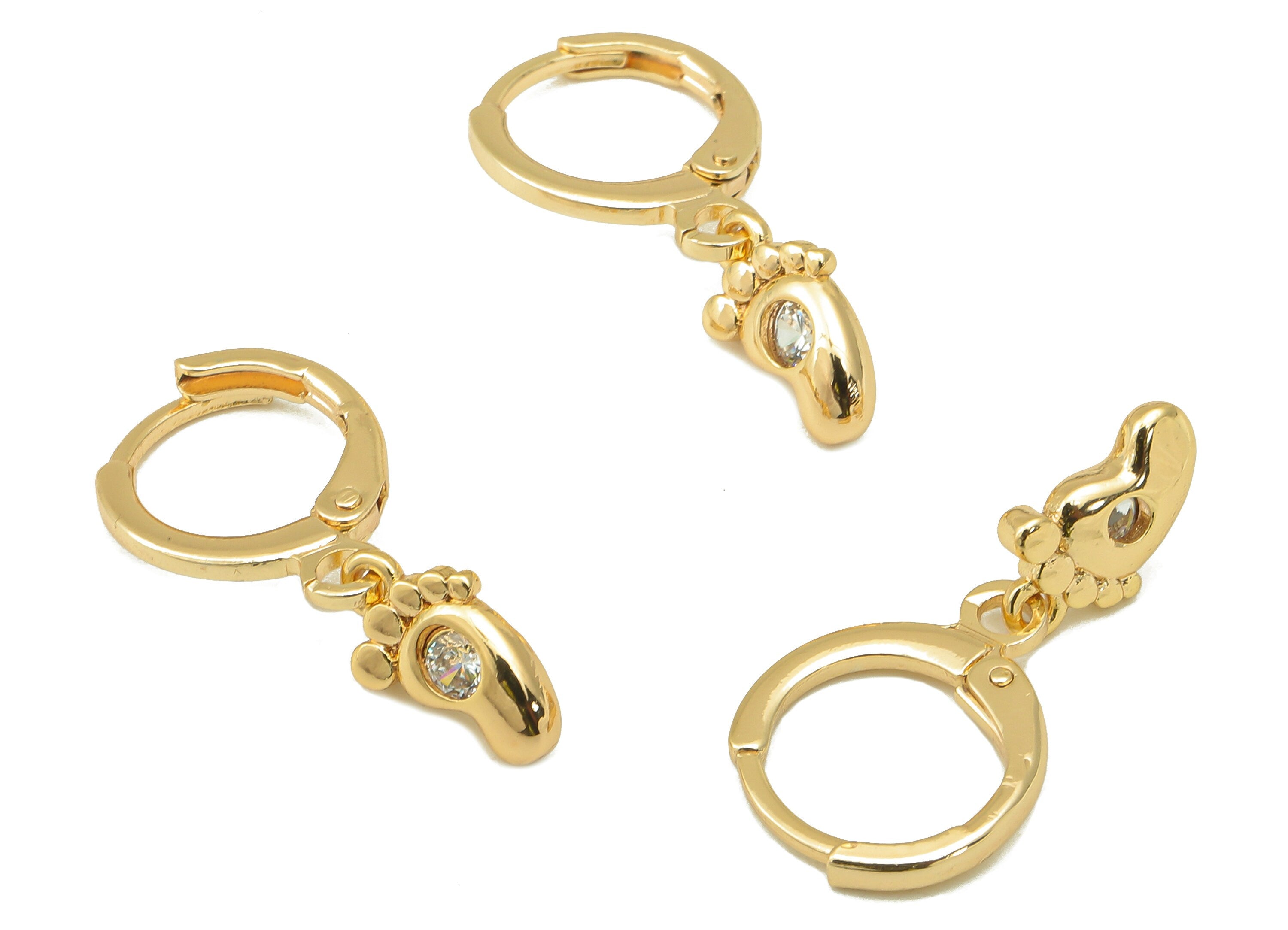 Brass Clasp Foot Earring - Brass CZ Huggie Hoop - Baby Foot Cubic Zirconia Hoop Earring - 18K Real Gold Plating-23.6x 11.83x2.56mm - RGP6025 - DOMEDBAZAAR