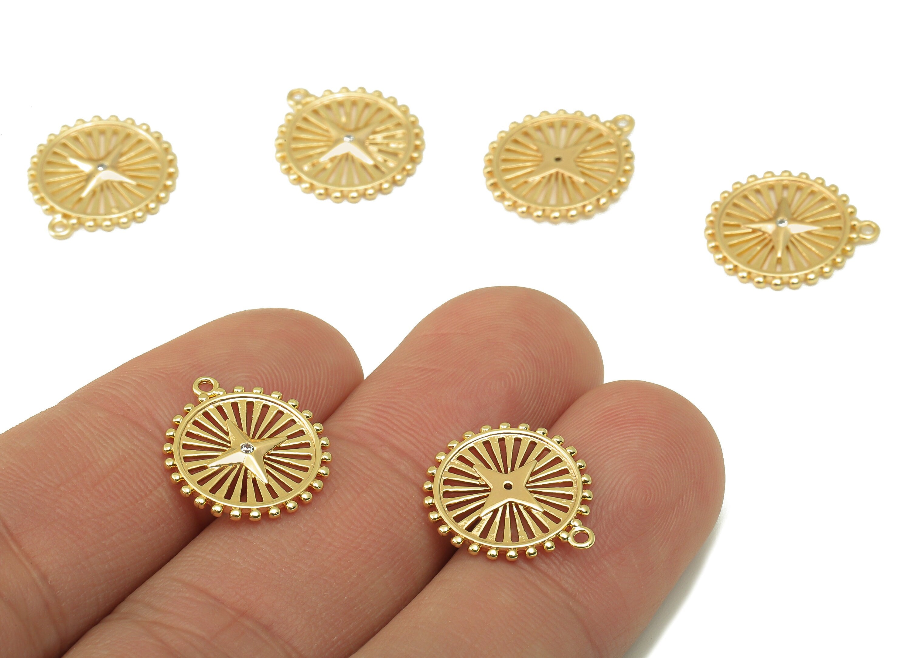 Brass Round Stars Earring Charms - Brass Zircon Pendant - Round Dot Pendant For Nacklace-Jewelry Making Supplies-14.17x12.07x1.37mm-RGP6170 - DOMEDBAZAAR