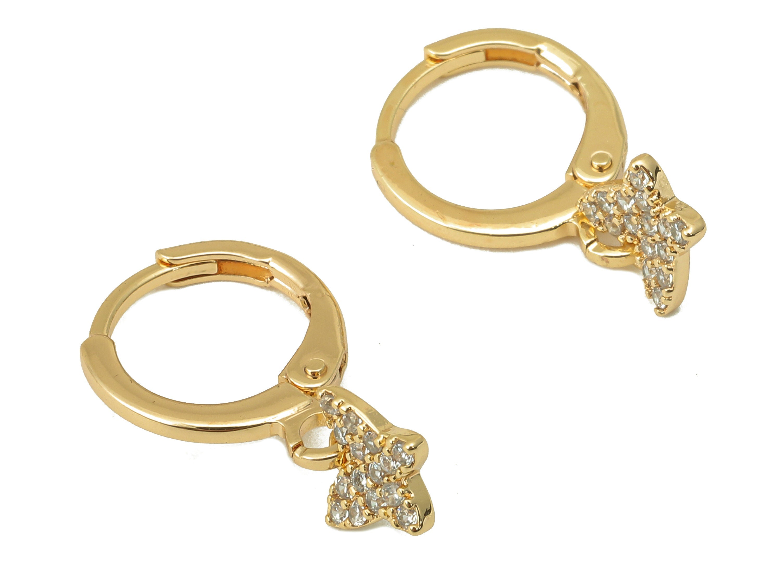 Brass Clasp Butterfly Earring - Brass CZ Huggie Hoop - Mini Cubic Zirconia Hoop Earring - 18K Real Gold Plating-20.01x11.37x 1.28mm- RGP6026 - DOMEDBAZAAR