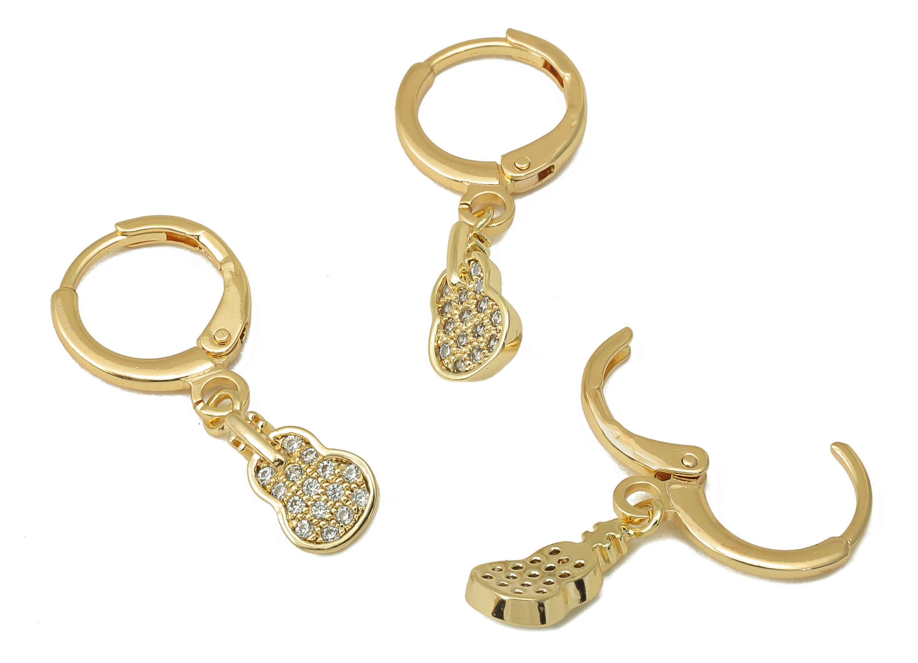 Brass Clasp Guitar Earring - Brass Semi Guitar CZ Huggie Hoop - Cubic Zirconia Hoop Earring - 18K Real Gold Plating-26.3x11x1.63mm- RGP6027 - DOMEDBAZAAR