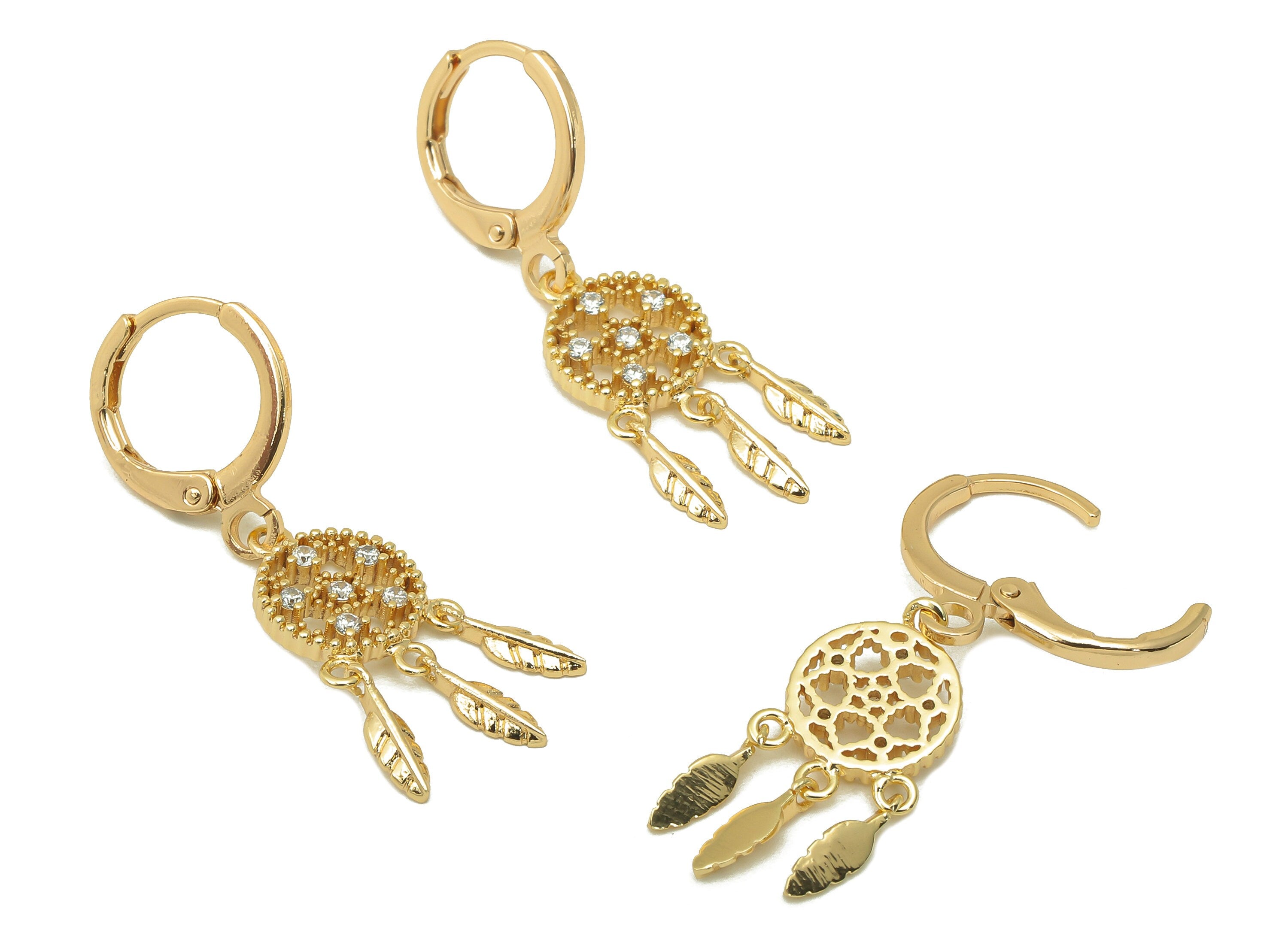 Brass Flower Earring Clasp -Brass Hanging Feather with Cubic Zirconia Hoop - CZ Huggie Earring - 18K Real Gold Plating-33x11x1.78mm- RGP6028 - DOMEDBAZAAR