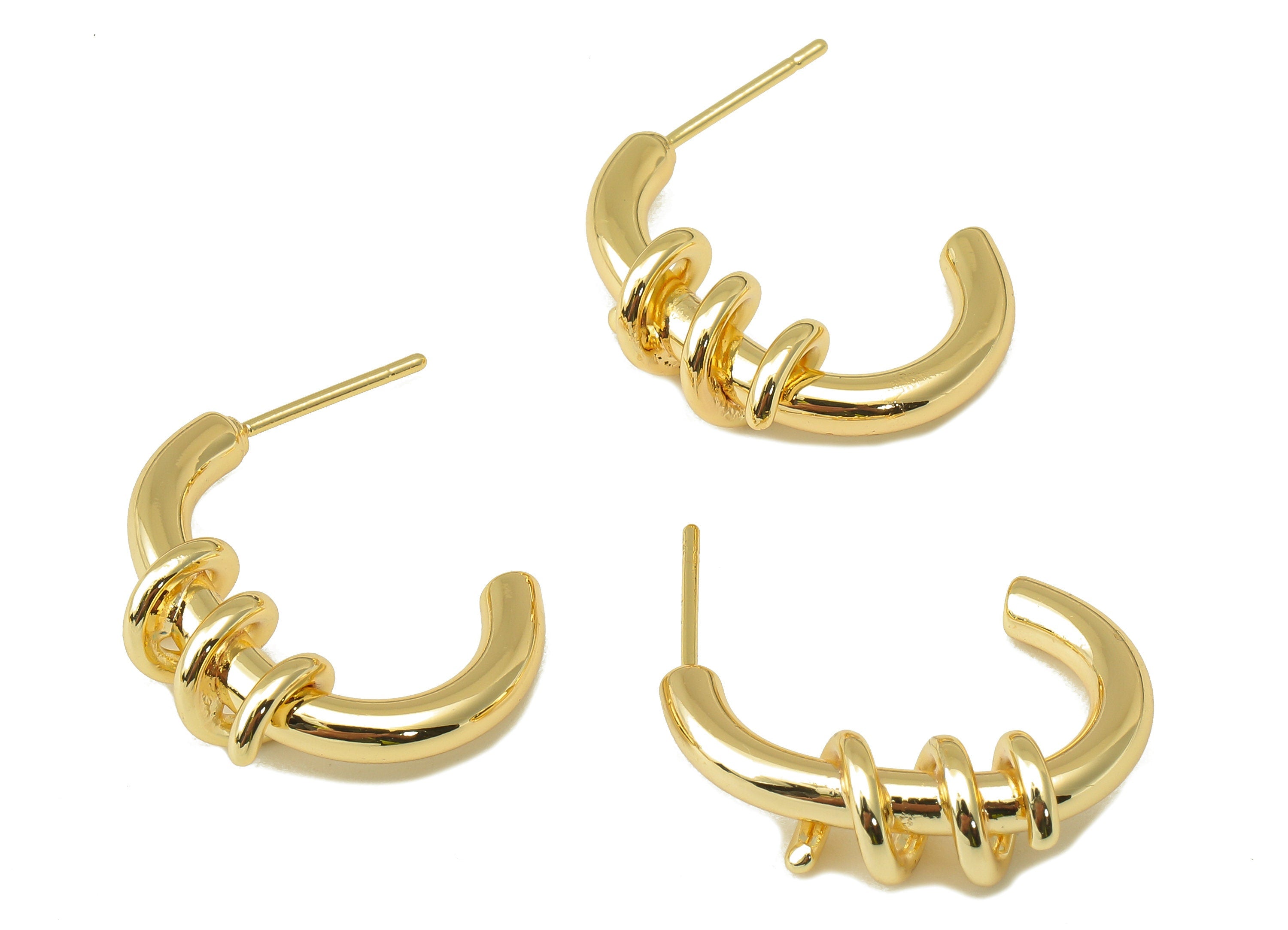 Brass Winding C Hoop Stud Earring - Brass Spiral Wire Earring - Open Hoop Earring Post - 18K Real Gold Plating - 23.01x22.36x6.62mm- RGP6034 - DOMEDBAZAAR
