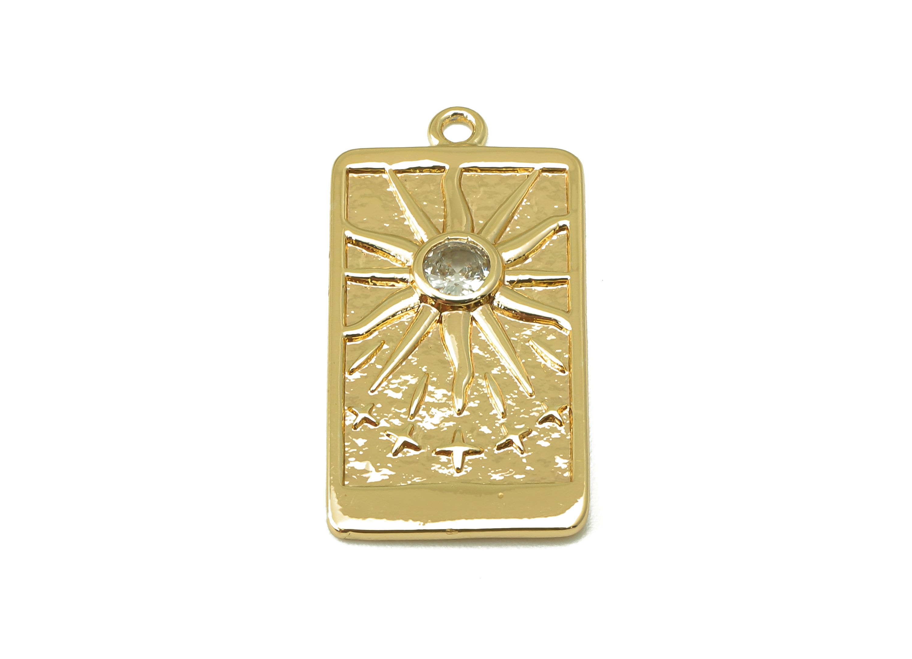Brass Rectangle Sun Star Pendant-Brass  Zircon Sun Carving-Star Zircon Necklace Pendant-18K Real Gold Plating-26.95x 15.54x2.35mm-RGP6171 - DOMEDBAZAAR