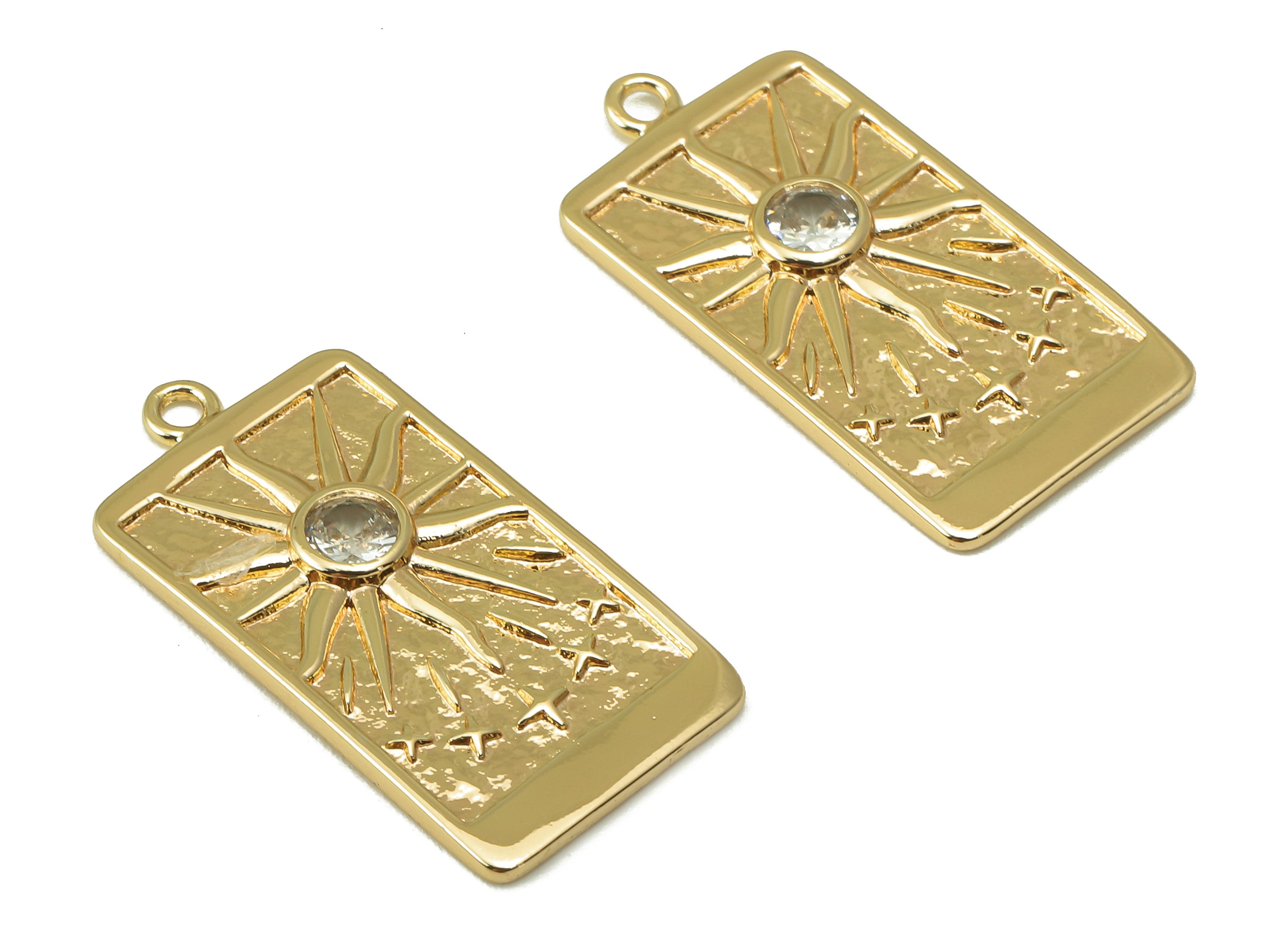 Brass Rectangle Sun Star Pendant-Brass  Zircon Sun Carving-Star Zircon Necklace Pendant-18K Real Gold Plating-26.95x 15.54x2.35mm-RGP6171 - DOMEDBAZAAR