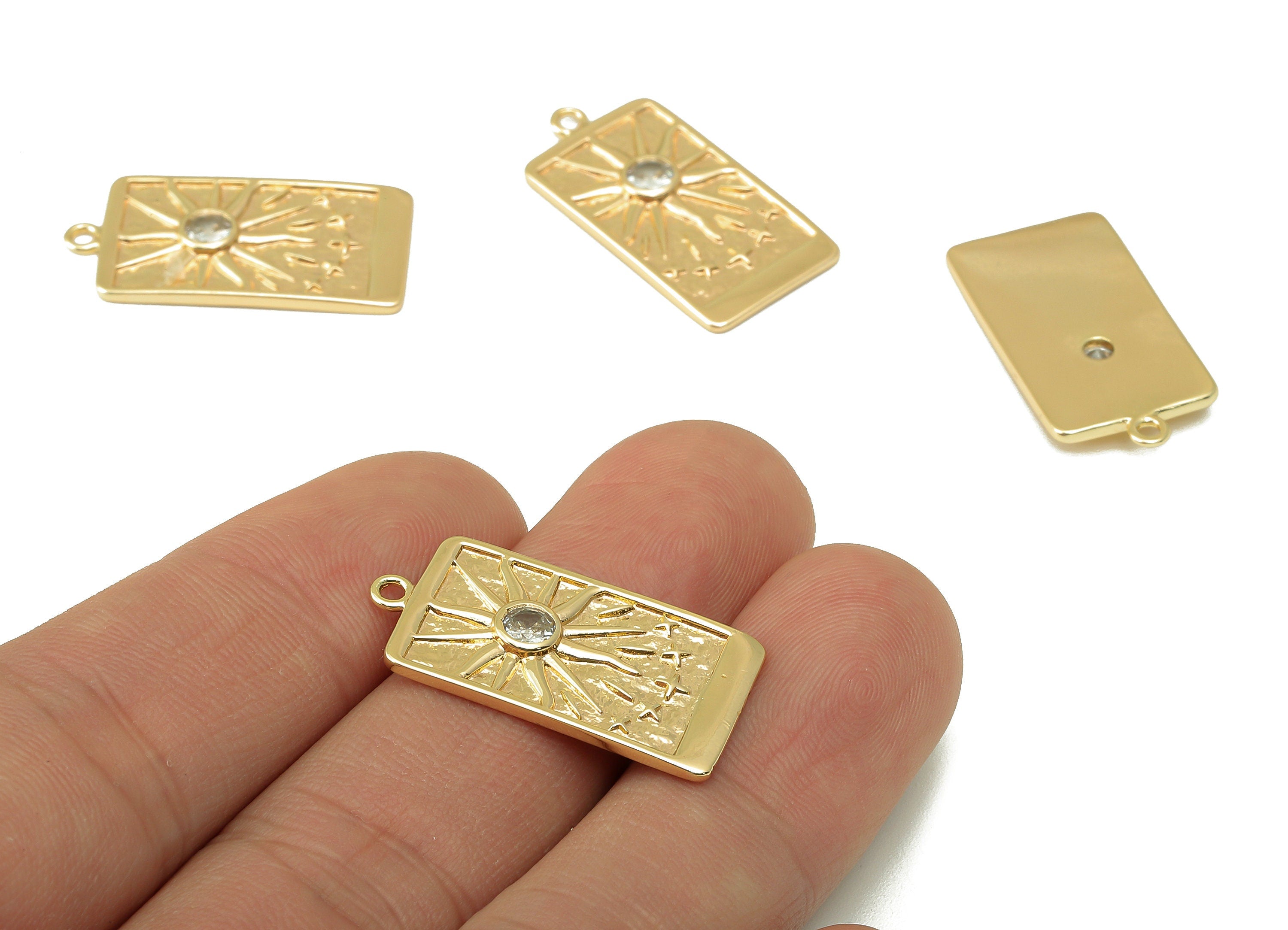 Brass Rectangle Sun Star Pendant-Brass  Zircon Sun Carving-Star Zircon Necklace Pendant-18K Real Gold Plating-26.95x 15.54x2.35mm-RGP6171 - DOMEDBAZAAR