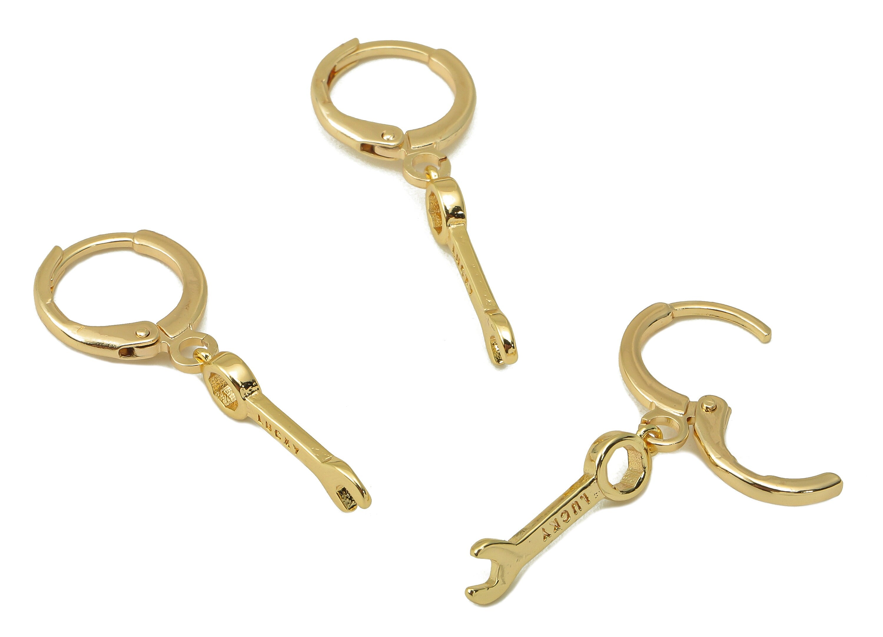 Brass Wrench Earring Clasp -Brass Mini Tool with Cubic Zirconia Hoop - CZ Huggie Earring- 18K Real Gold Plating - 31.5x11.57x1.6mm - RGP6038 - DOMEDBAZAAR