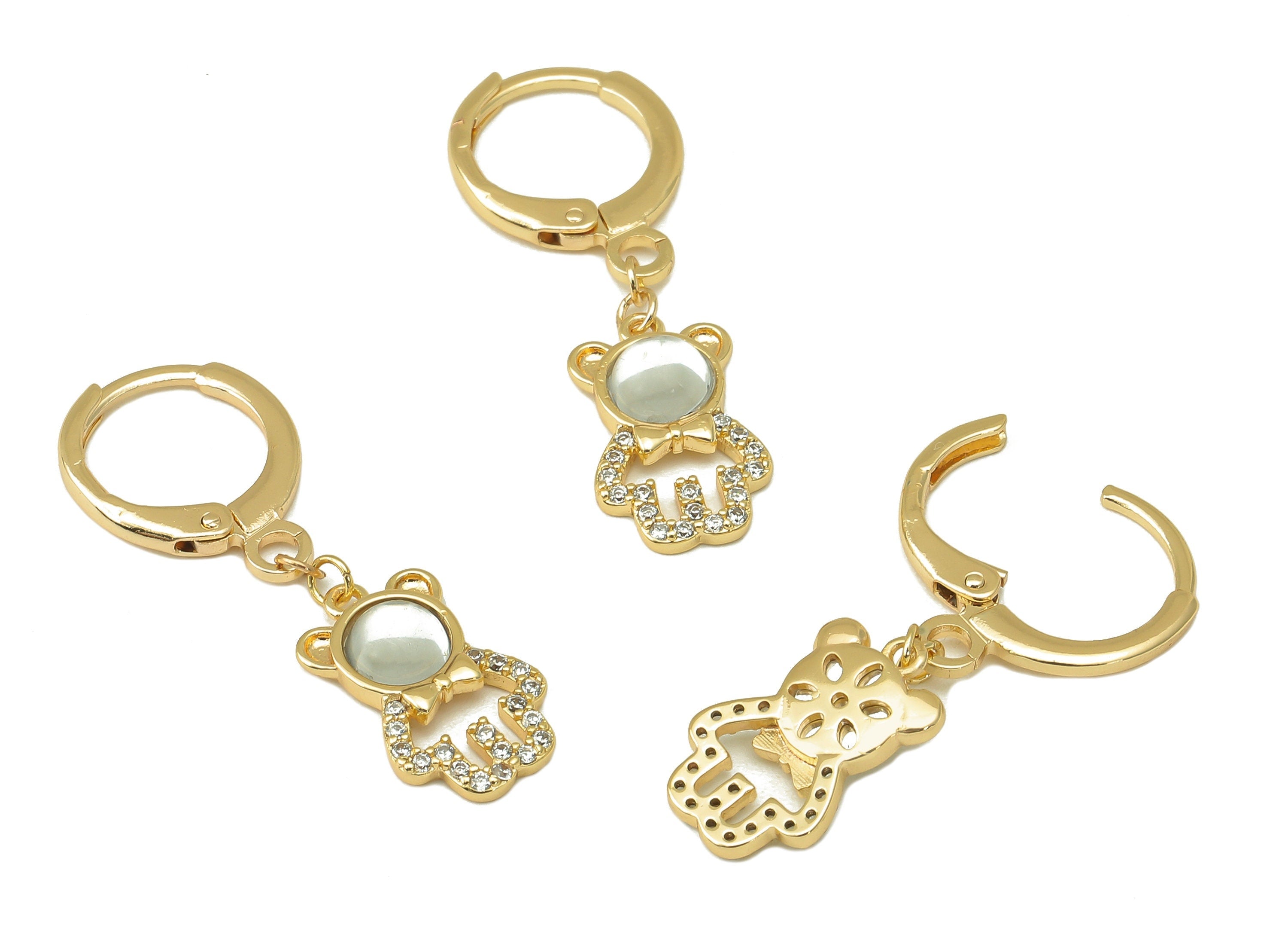 Brass Bear Earring Clasp - Brass Animal with Cubic Zirconia Hoop - CZ Huggie Earring- 18K Real Gold Plating - 30.56x 11.33mx 1.7mm - RGP6039 - DOMEDBAZAAR