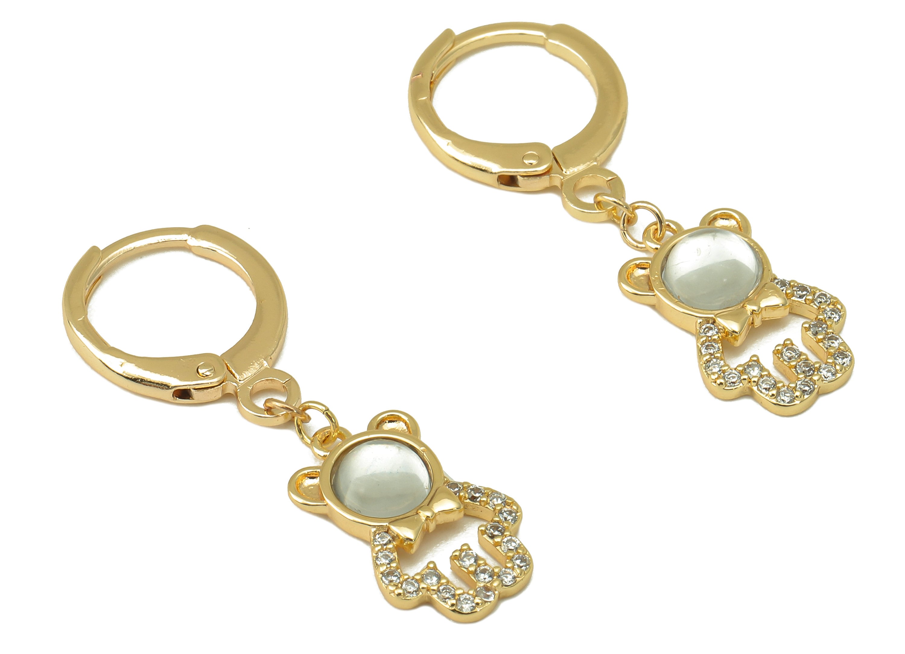 Brass Bear Earring Clasp - Brass Animal with Cubic Zirconia Hoop - CZ Huggie Earring- 18K Real Gold Plating - 30.56x 11.33mx 1.7mm - RGP6039 - DOMEDBAZAAR