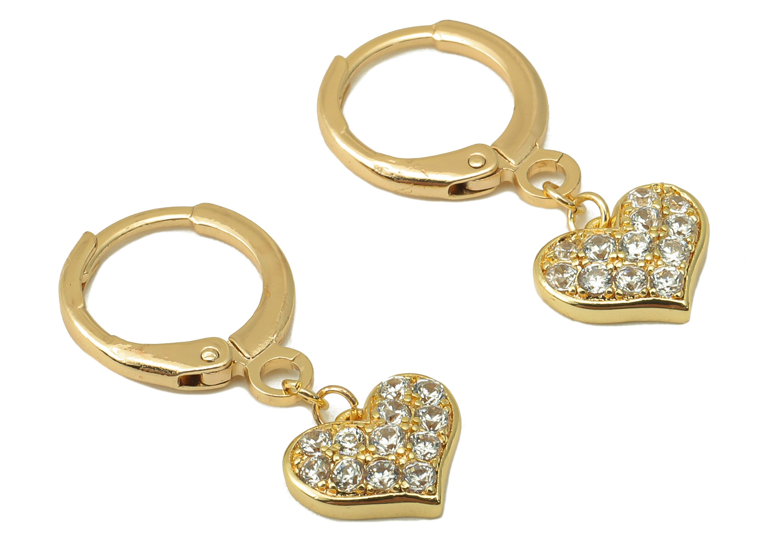 Brass Earring Clasp - Brass Heart with Cubic Zirconia Hoop - CZ Huggie Earring- 18K Real Gold Plating - 24.46x11.32x 1.72mm - RGP6040 - DOMEDBAZAAR