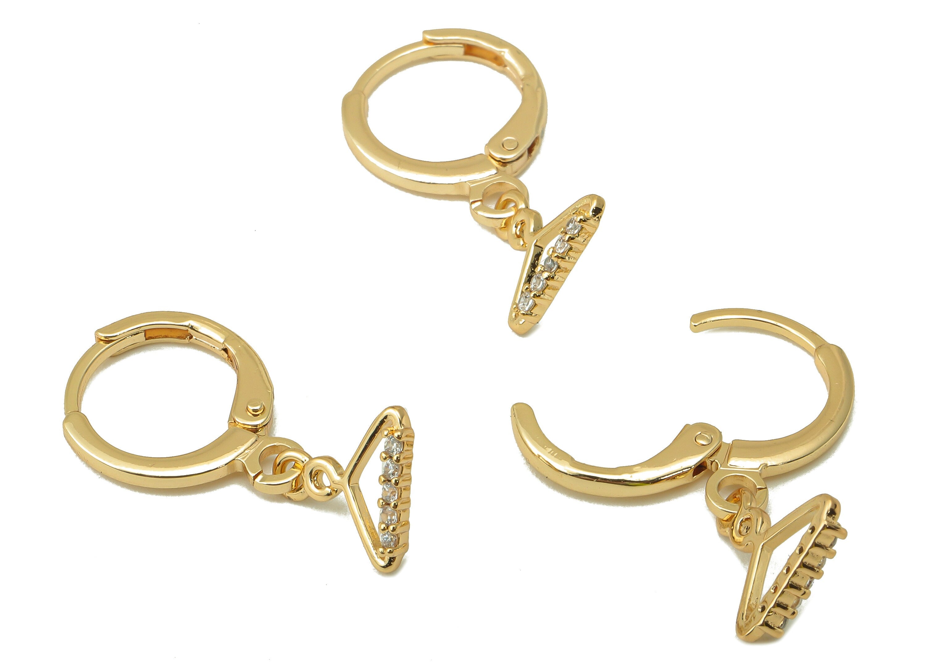 Brass Earring Clasp - Brass Coat Hanger with Cubic Zirconia Hoop - CZ Huggie Earring - 18K Real Gold Plating - 22.26x 11.08x1.73mm - RGP6043 - DOMEDBAZAAR