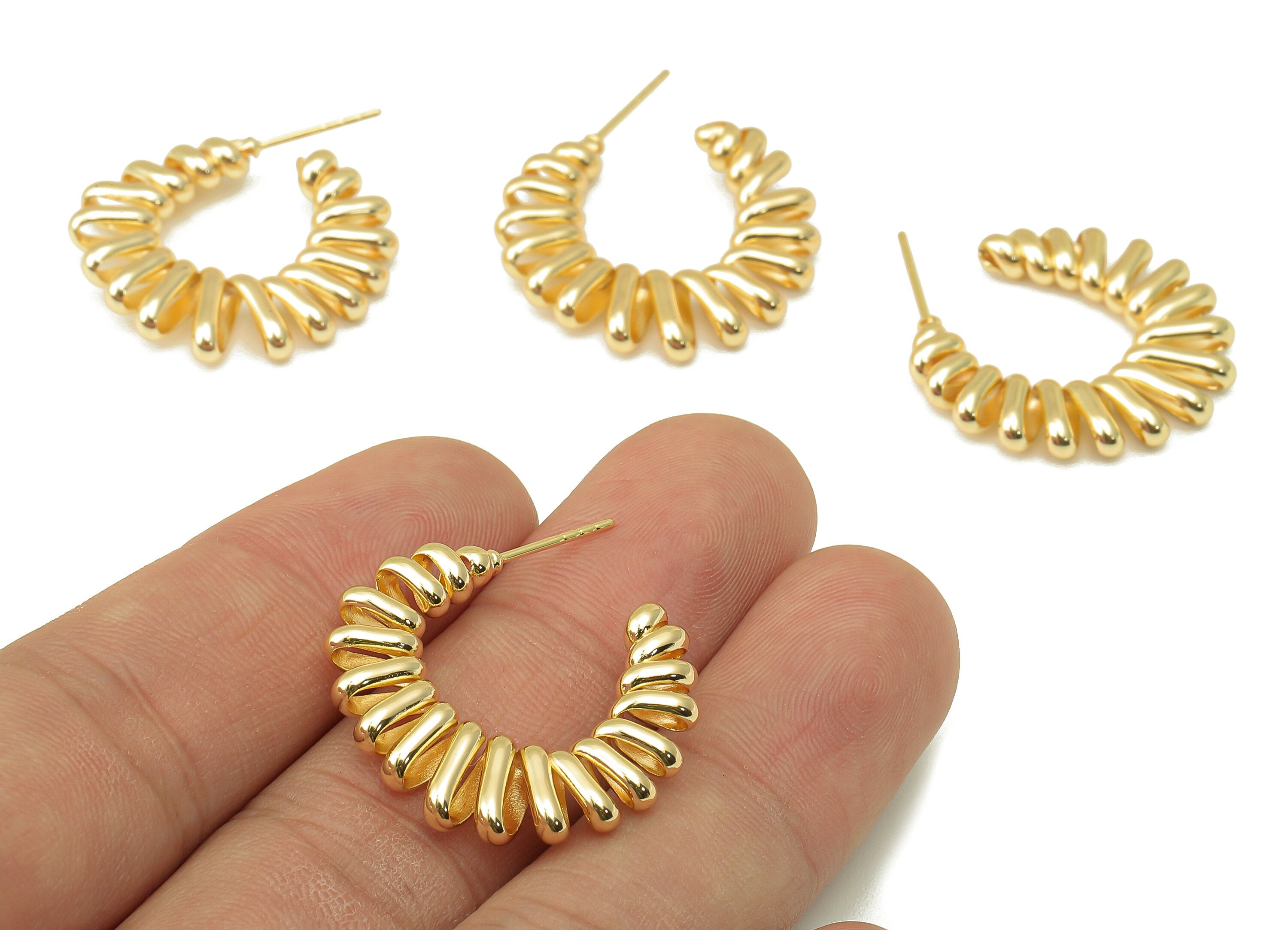 Brass Spring Stud Earring - Brass Spiral Wire Earring - Open C Hoop Earring Post - 18K Real Gold Plating - 25.53x 25.7x 3.75mm - RGP6053 - DOMEDBAZAAR