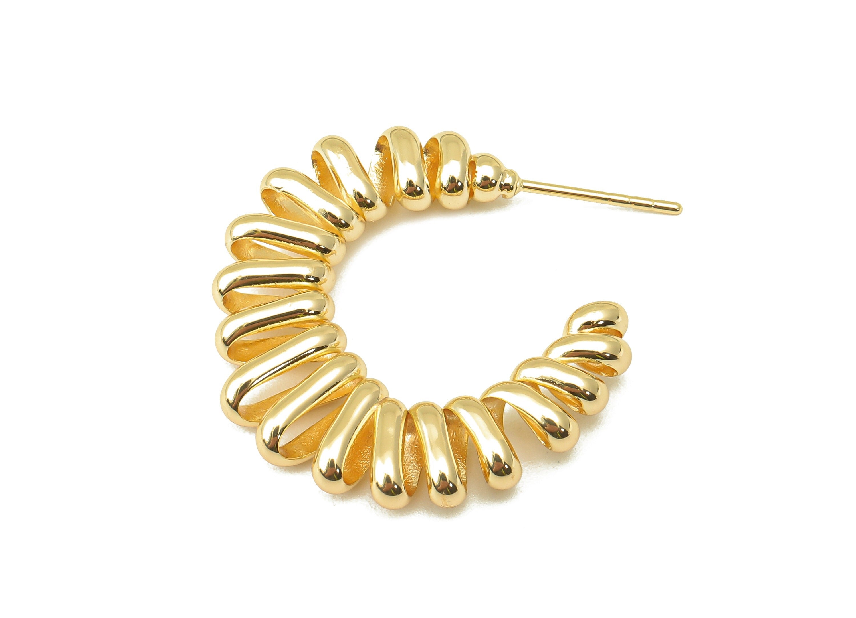 Brass Spring Stud Earring - Brass Spiral Wire Earring - Open C Hoop Earring Post - 18K Real Gold Plating - 25.53x 25.7x 3.75mm - RGP6053 - DOMEDBAZAAR