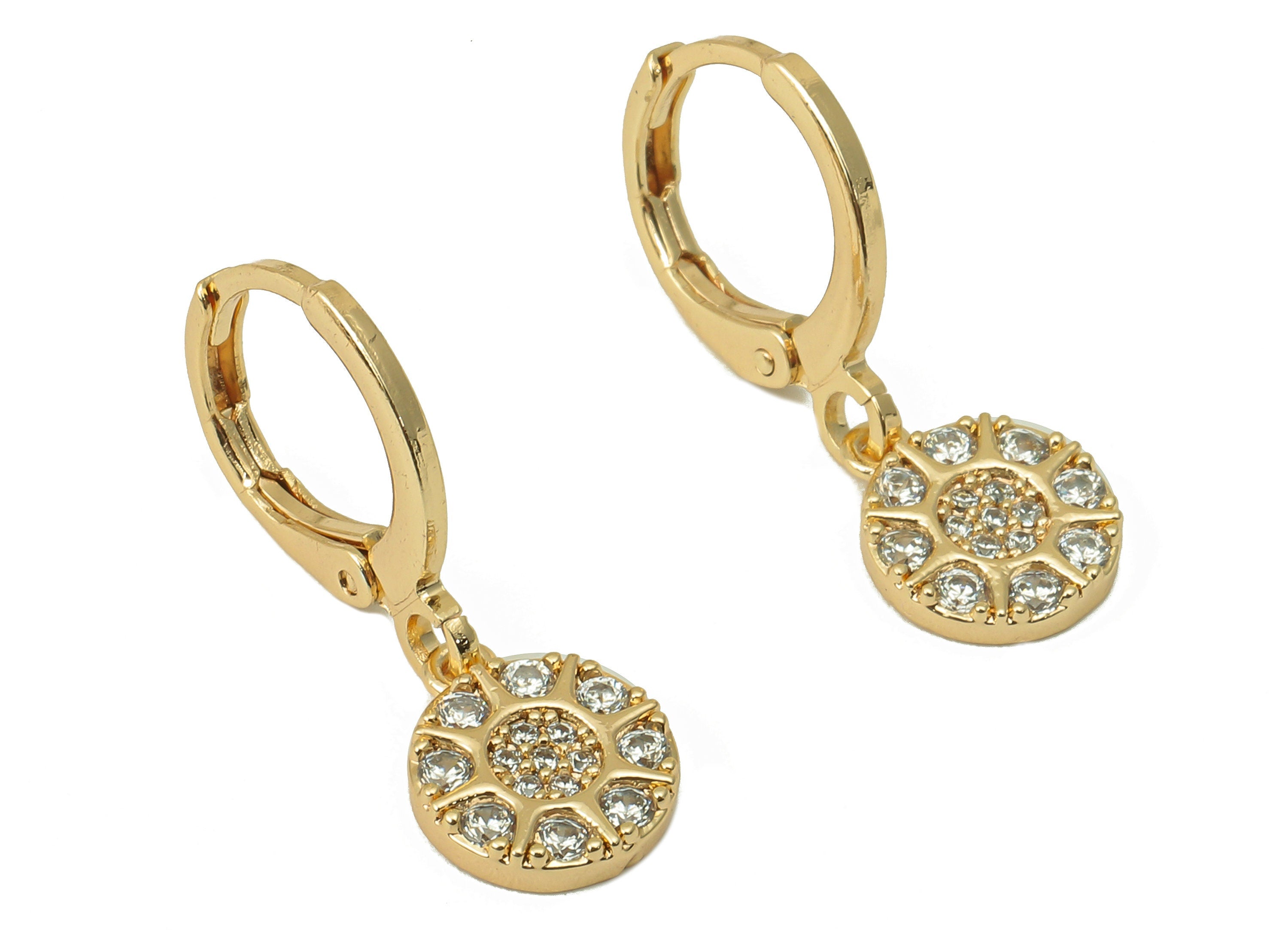 Brass Clasp Earring - Brass CZ Round Sun Earring Huggie - Cubic Zirconia Earring Hoop- 18K Real Gold Plating - 22.89x 11.27x 1.7mm - RGP6057 - DOMEDBAZAAR