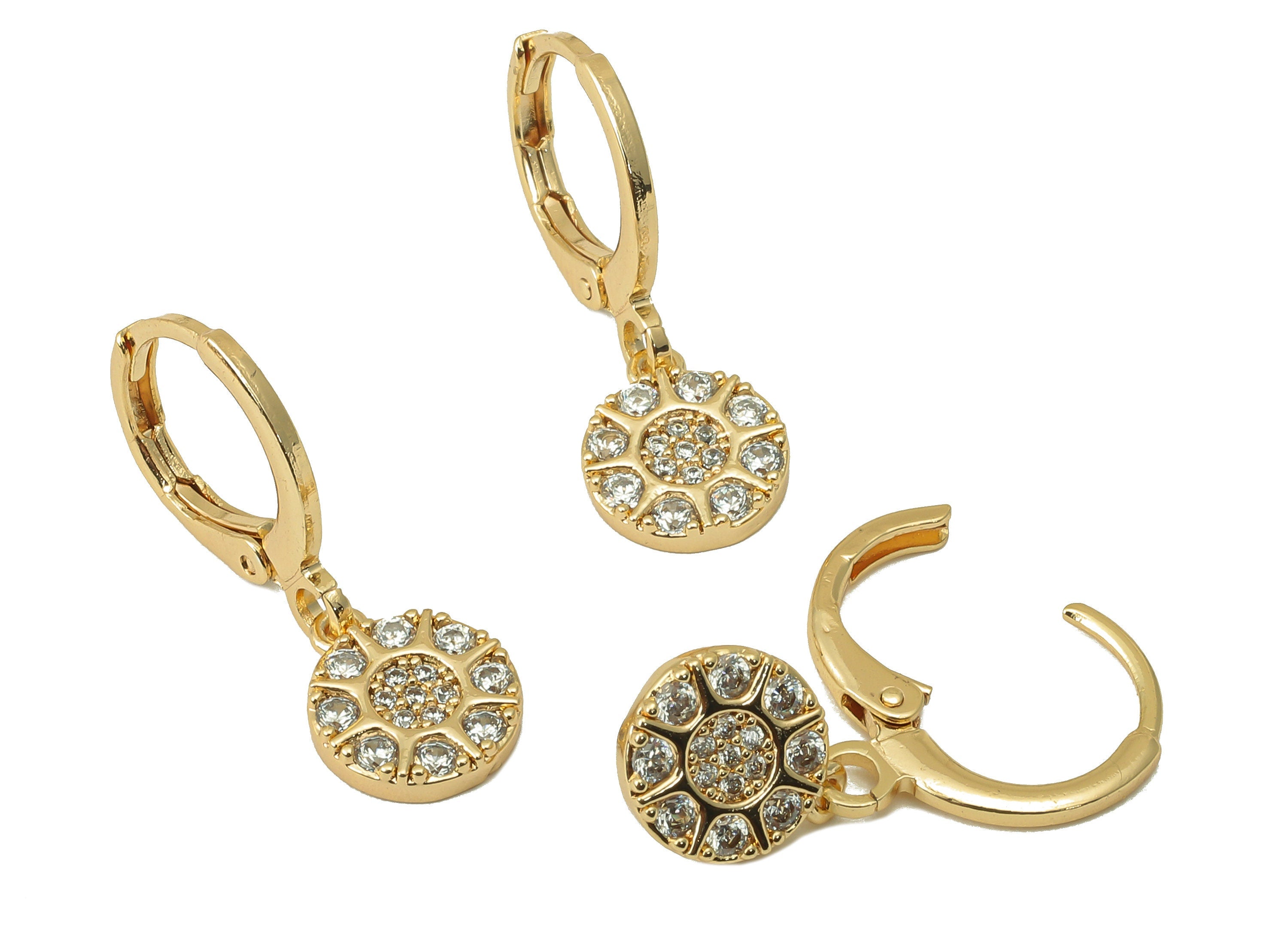Brass Clasp Earring - Brass CZ Round Sun Earring Huggie - Cubic Zirconia Earring Hoop- 18K Real Gold Plating - 22.89x 11.27x 1.7mm - RGP6057 - DOMEDBAZAAR
