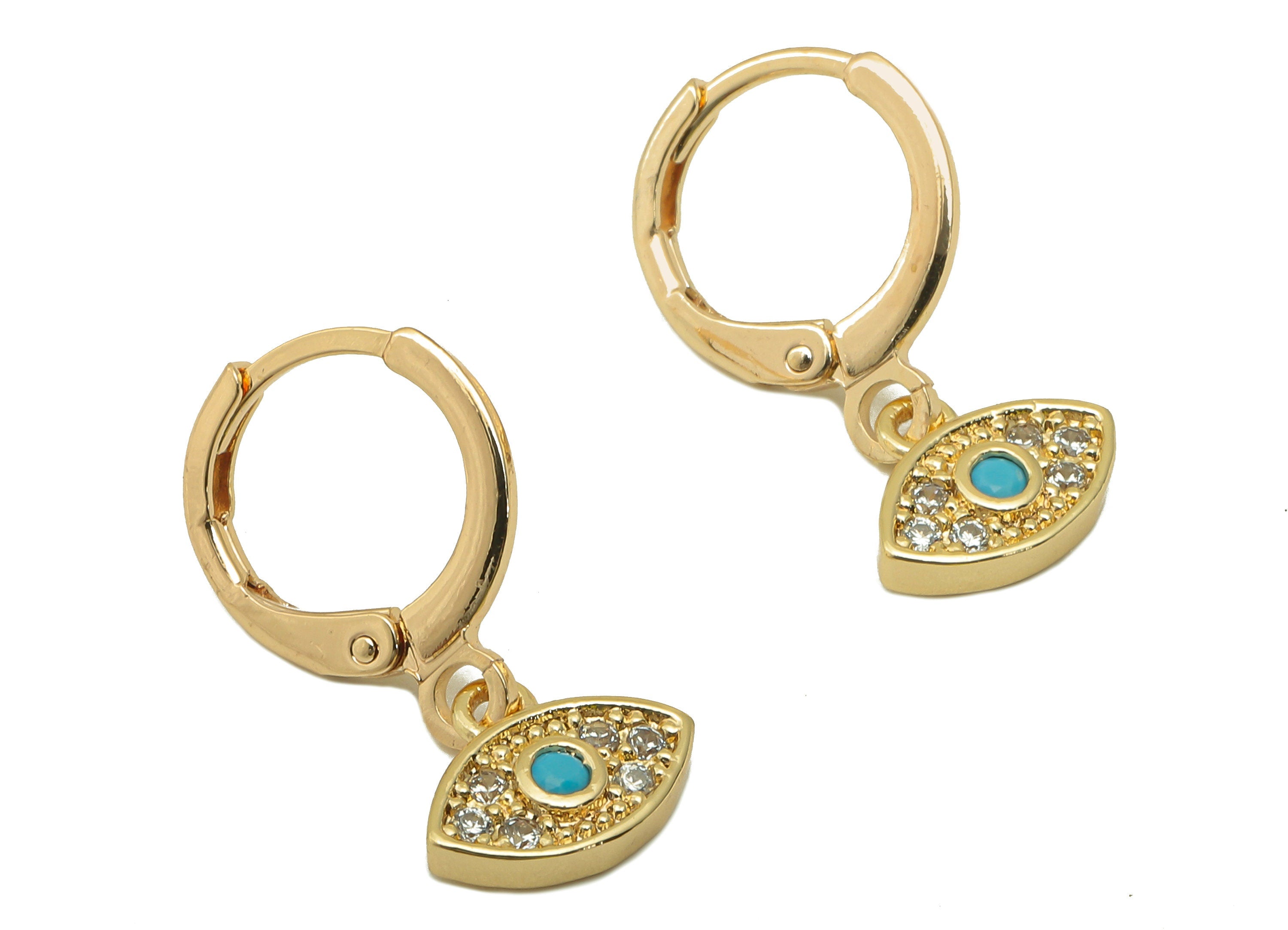 Brass Clasp Earring - Brass CZ Green Eye Earring Huggie - Cubic Zirconia Earring Hoop- 18K Real Gold Plating - 21.67x11.15mx2.29mm - RGP6059 - DOMEDBAZAAR