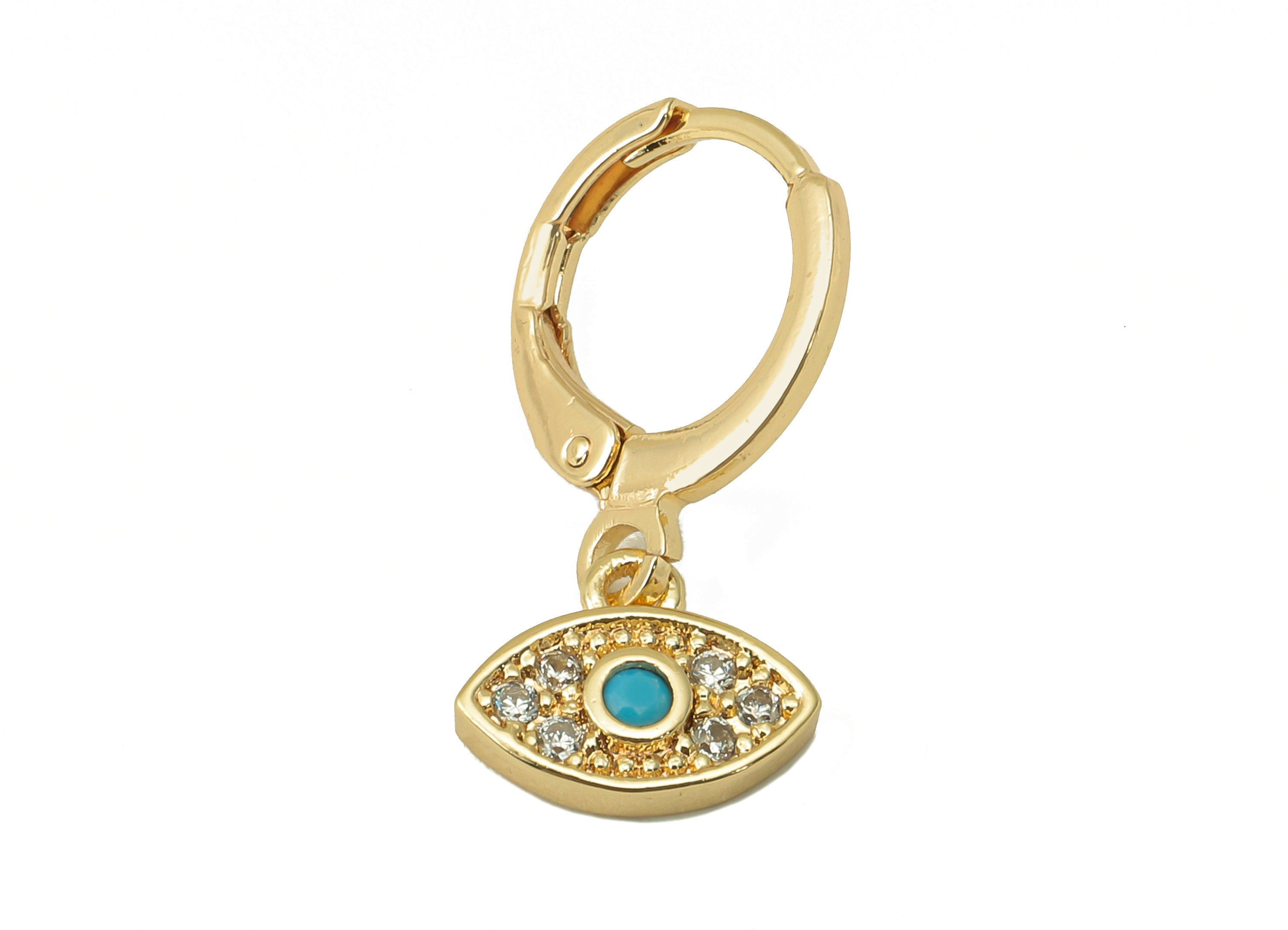 Brass Clasp Earring - Brass CZ Green Eye Earring Huggie - Cubic Zirconia Earring Hoop- 18K Real Gold Plating - 21.67x11.15mx2.29mm - RGP6059 - DOMEDBAZAAR