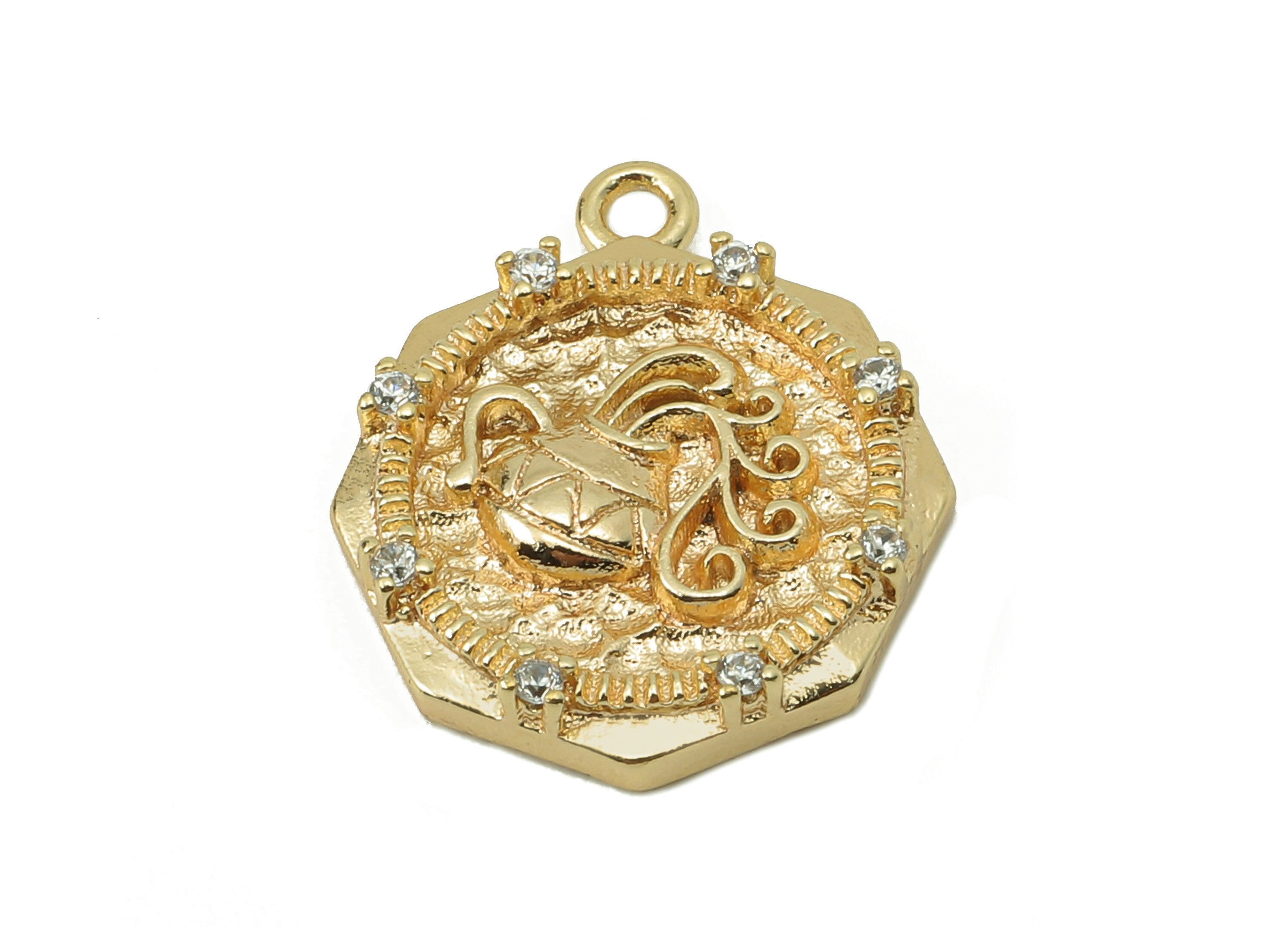 Brass Aquari Octagon Earring Charms - Hummered Vase Zirconia Charms - Pendant With Loop - 18K Real Gold Plating -17.57x13.99x2.93mm- RGP5825 - DOMEDBAZAAR