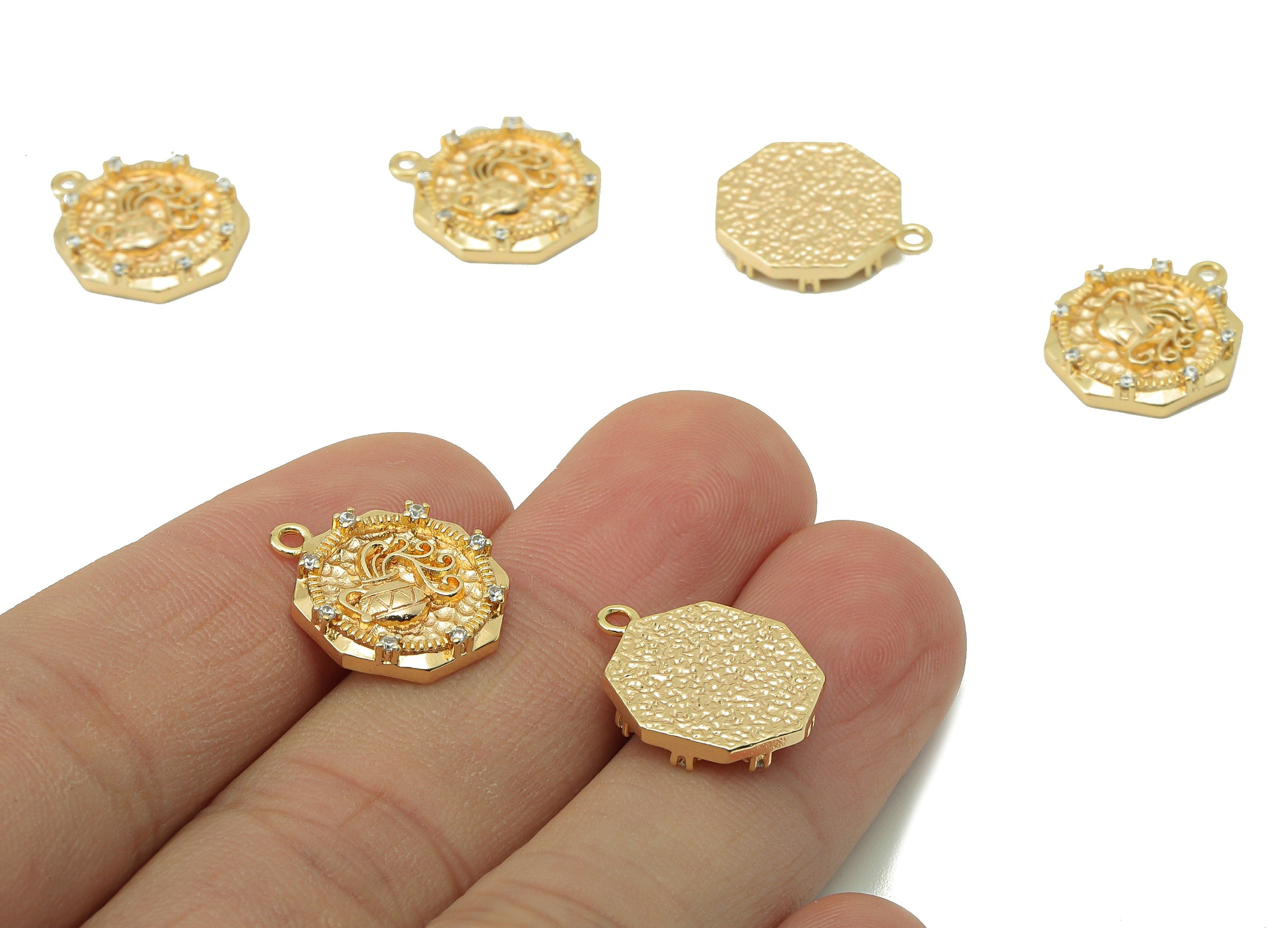 Brass Aquari Octagon Earring Charms - Hummered Vase Zirconia Charms - Pendant With Loop - 18K Real Gold Plating -17.57x13.99x2.93mm- RGP5825 - DOMEDBAZAAR