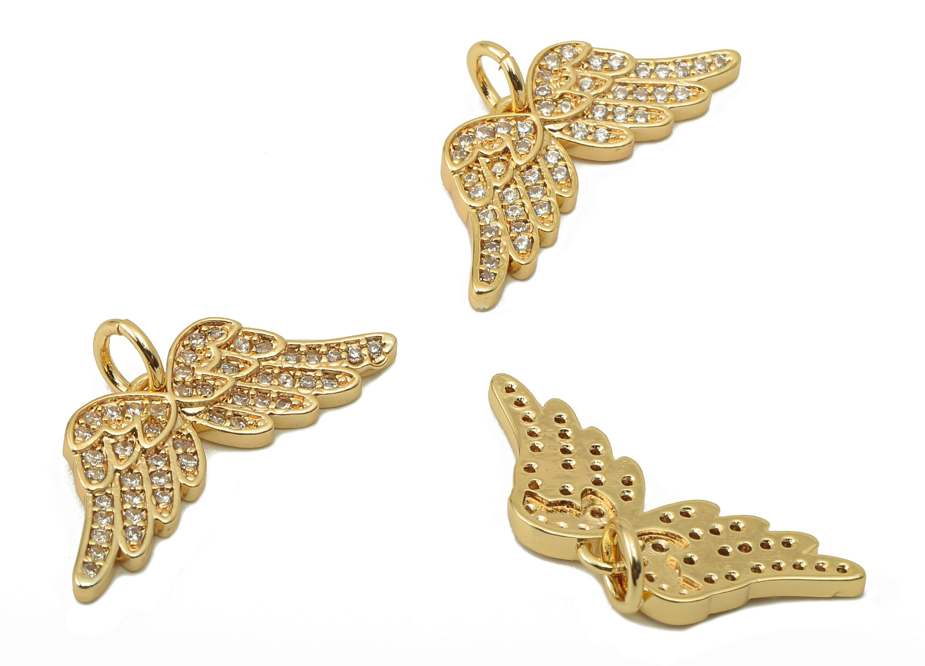 Brass Wings Earring Charms - Angles Wings Zirconia CZ Charms - Brass Pendant With Loop - 18K Real Gold Plating -23.42x 9.53x1.35mm - RGP5826 - DOMEDBAZAAR