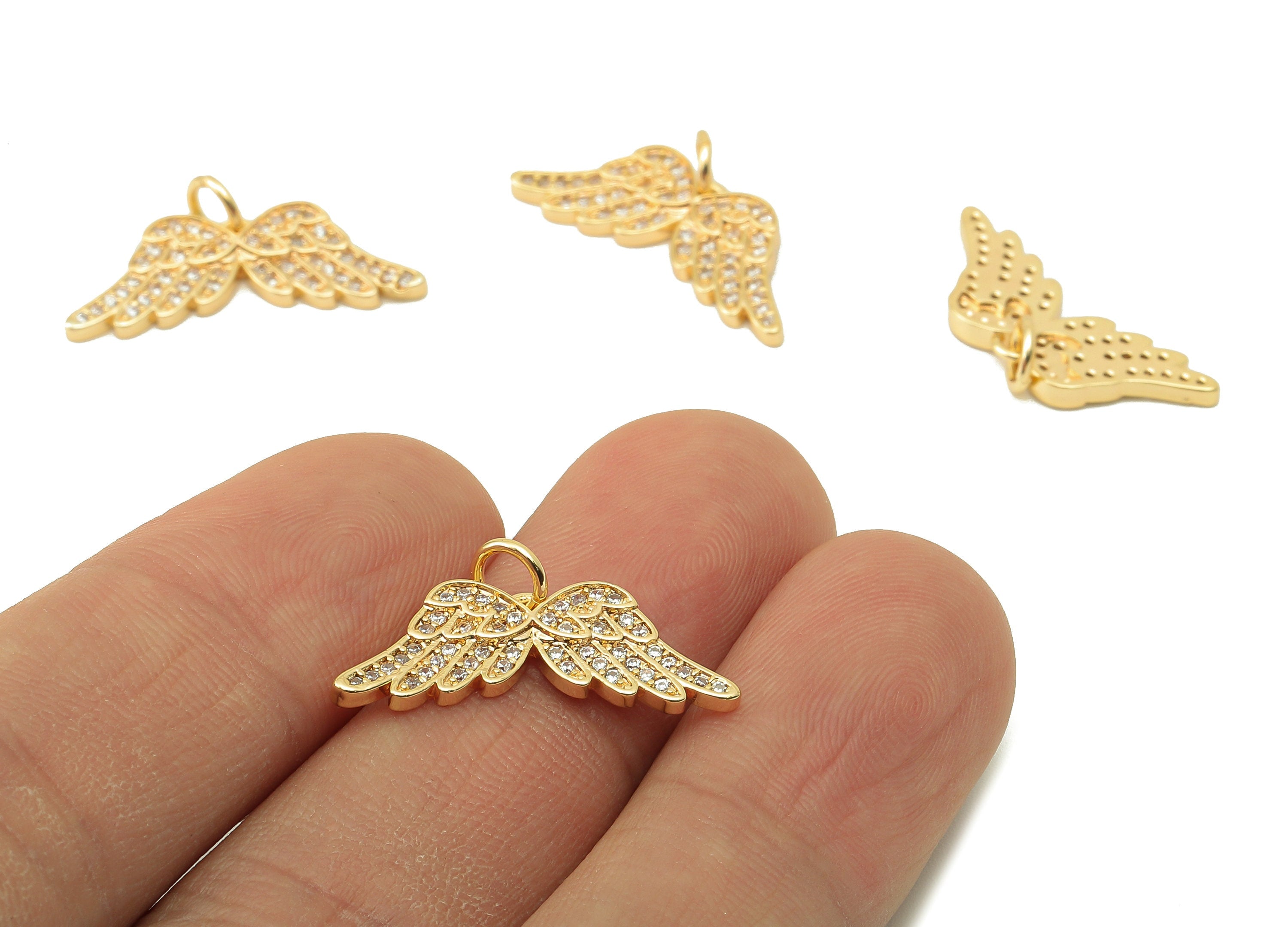 Brass Wings Earring Charms - Angles Wings Zirconia CZ Charms - Brass Pendant With Loop - 18K Real Gold Plating -23.42x 9.53x1.35mm - RGP5826 - DOMEDBAZAAR