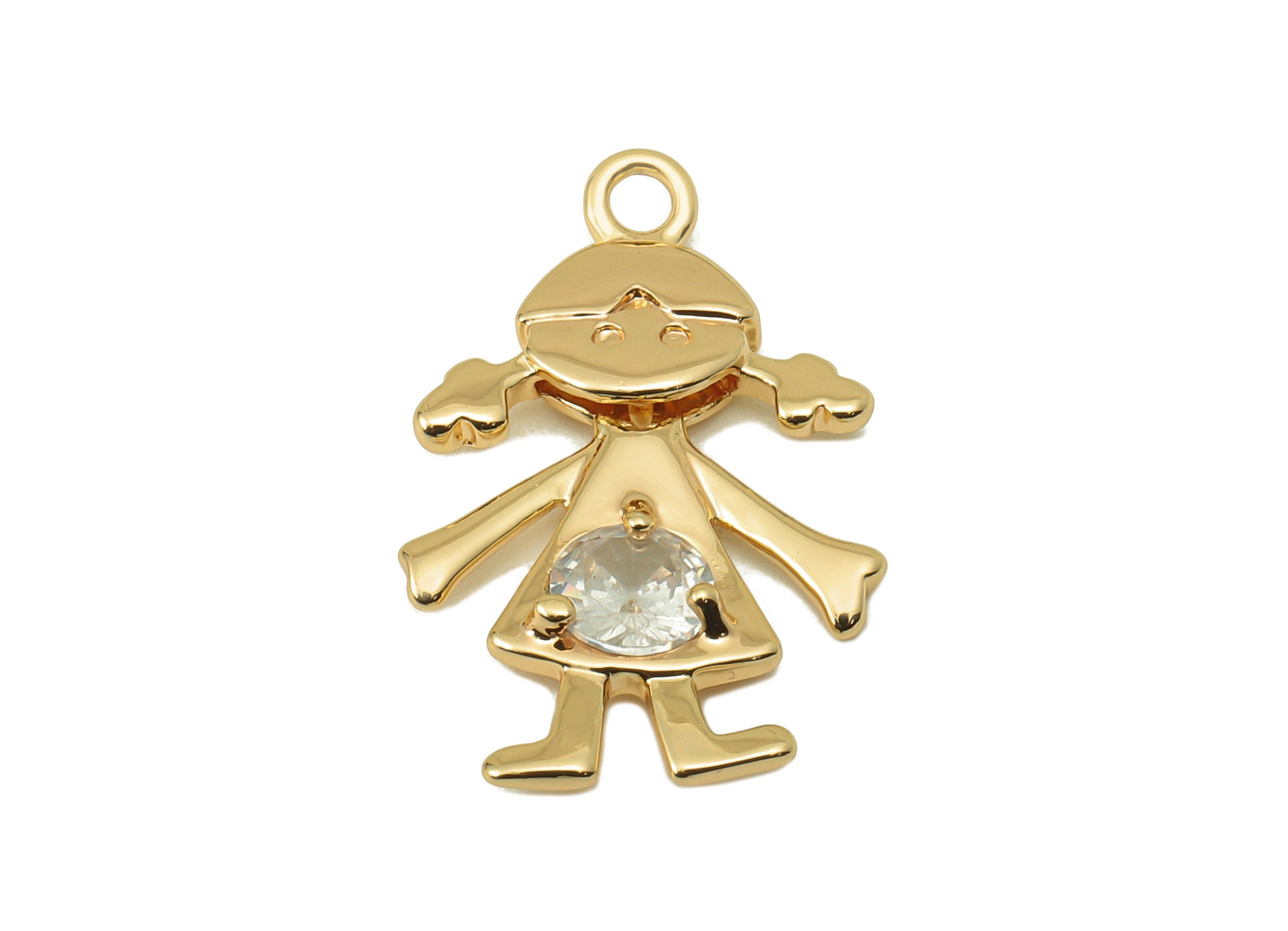 Brass Girl Earring Charm - Shake Body Cubic Zirconia CZ Charm - Little Girl Pendant With Loop-18K Real Gold Plating-24x14.43x2.57mm- RGP5830 - DOMEDBAZAAR