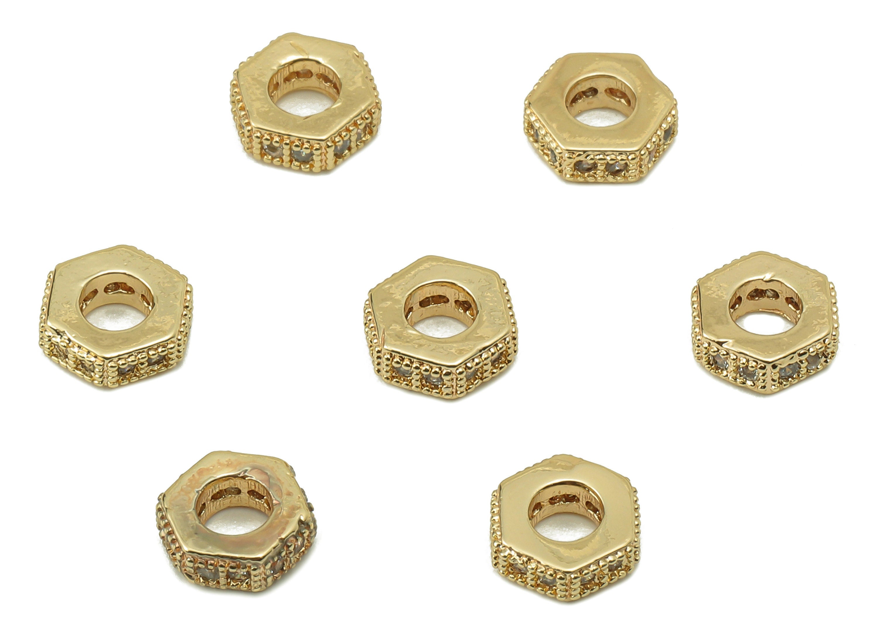Brass Hexagon Earring Charms - Screw Cubic Zirconia CZ Charms - Brass Spacer Beads - 18K Real Gold Plating -6.33x6.33x2.24mm- RGP5831 - DOMEDBAZAAR