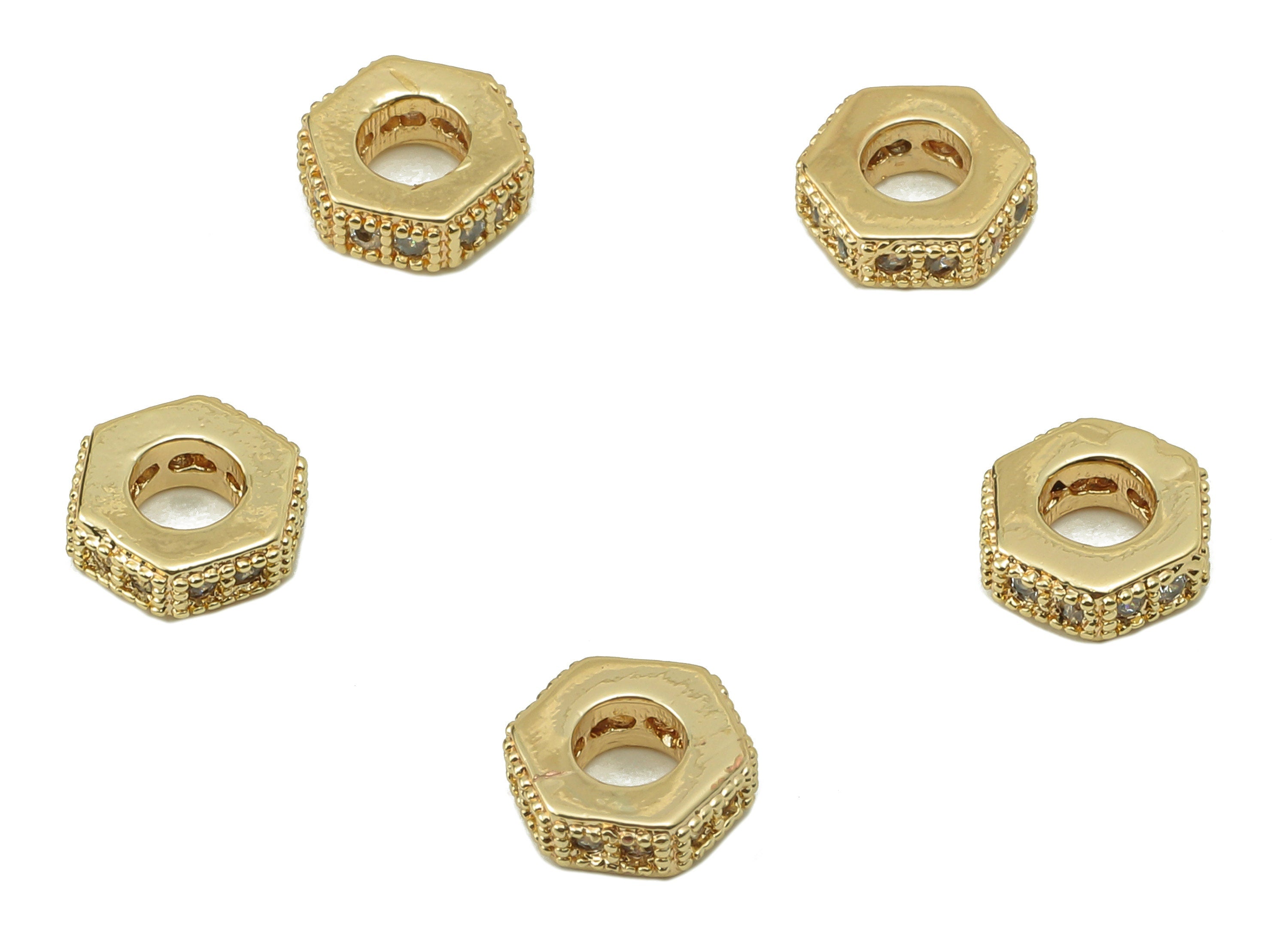 Brass Hexagon Earring Charms - Screw Cubic Zirconia CZ Charms - Brass Spacer Beads - 18K Real Gold Plating -6.33x6.33x2.24mm- RGP5831 - DOMEDBAZAAR