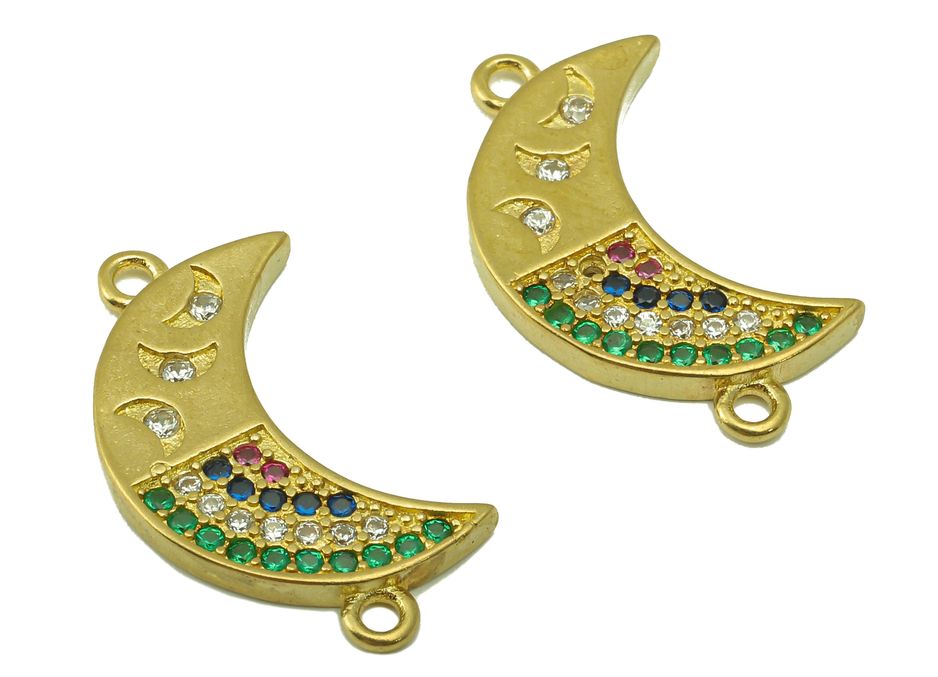 Brass Moon Earring Charms - Raw Brass Cubic Zirconia Rainbow Moon Connector - CZ Crescent Connector - For Necklace - 22.25x13x1.8mm - PP7628 - DOMEDBAZAAR