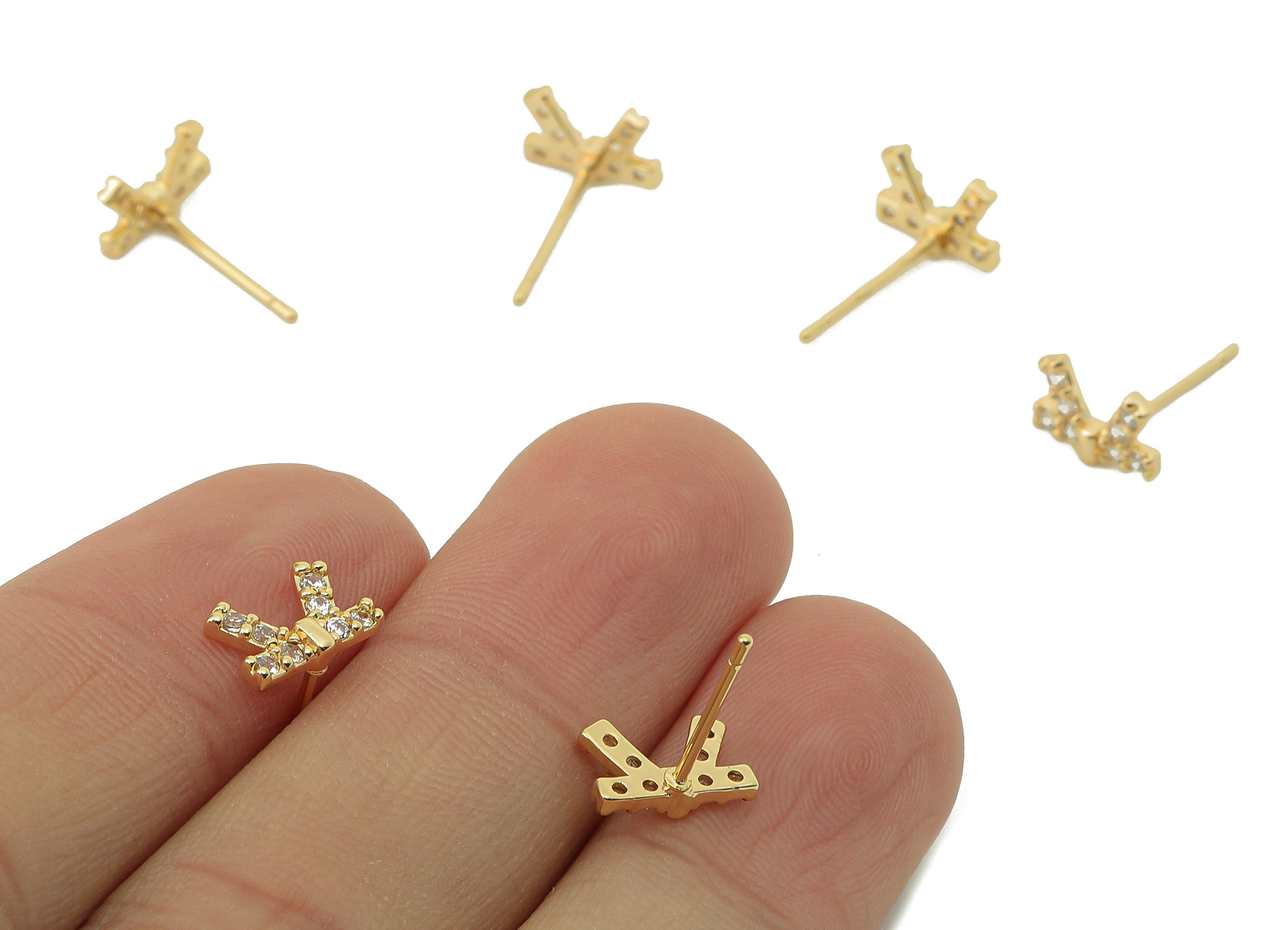 Brass Butterfly Bow Earring Post -Brass Bowtie Cubic Zirconia Stud - CZ Stud Earrings - 18K Real Gold Plating -9.46x 6.19x 1.34mm- RGP5834 - DOMEDBAZAAR