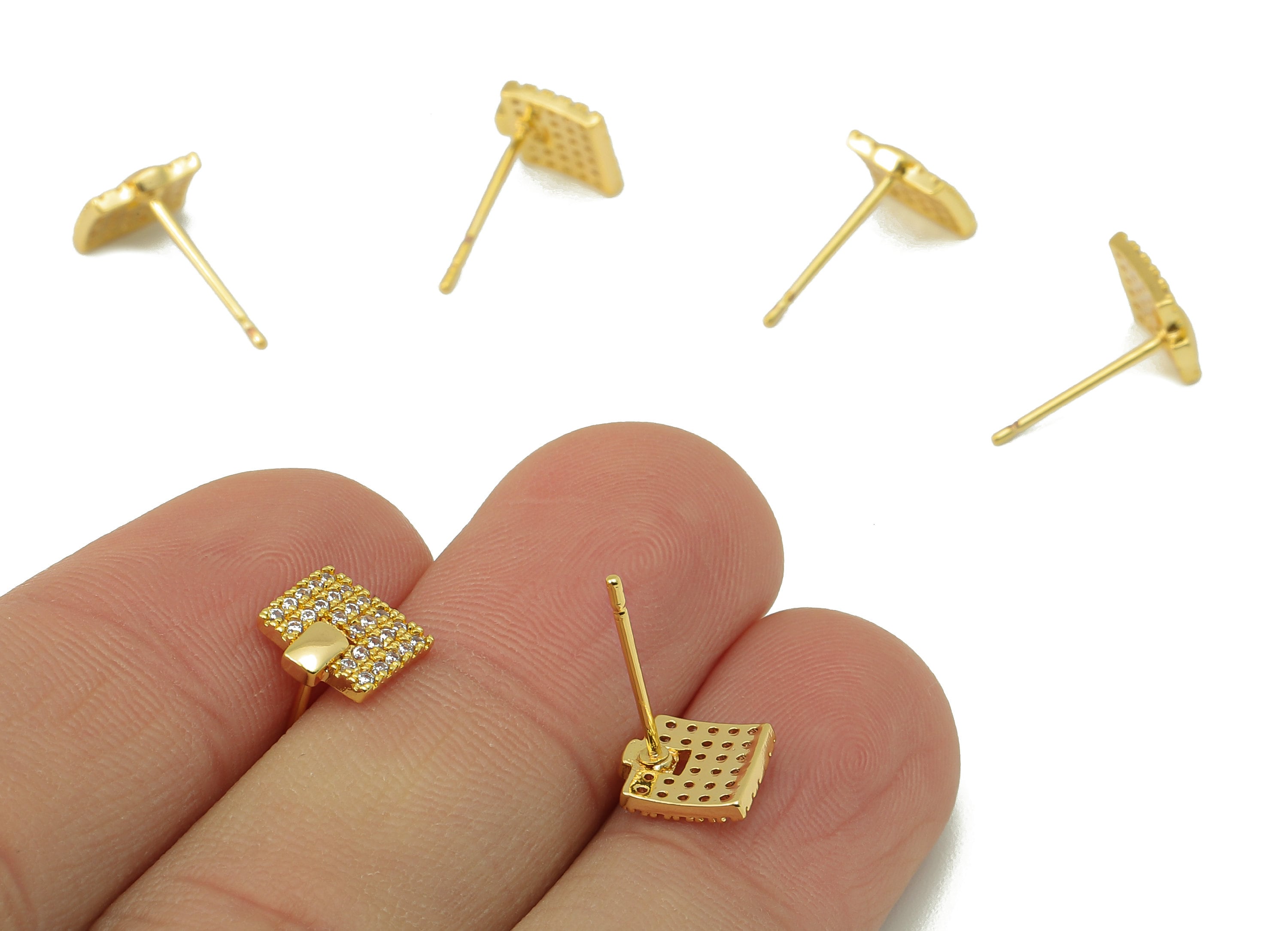 Brass Square Earring Post -Brass Geometry Stud - CZ Stud Earring - 18K Real Gold Plating -8.21x 7.82x 1.4mm-RGP5840 - DOMEDBAZAAR