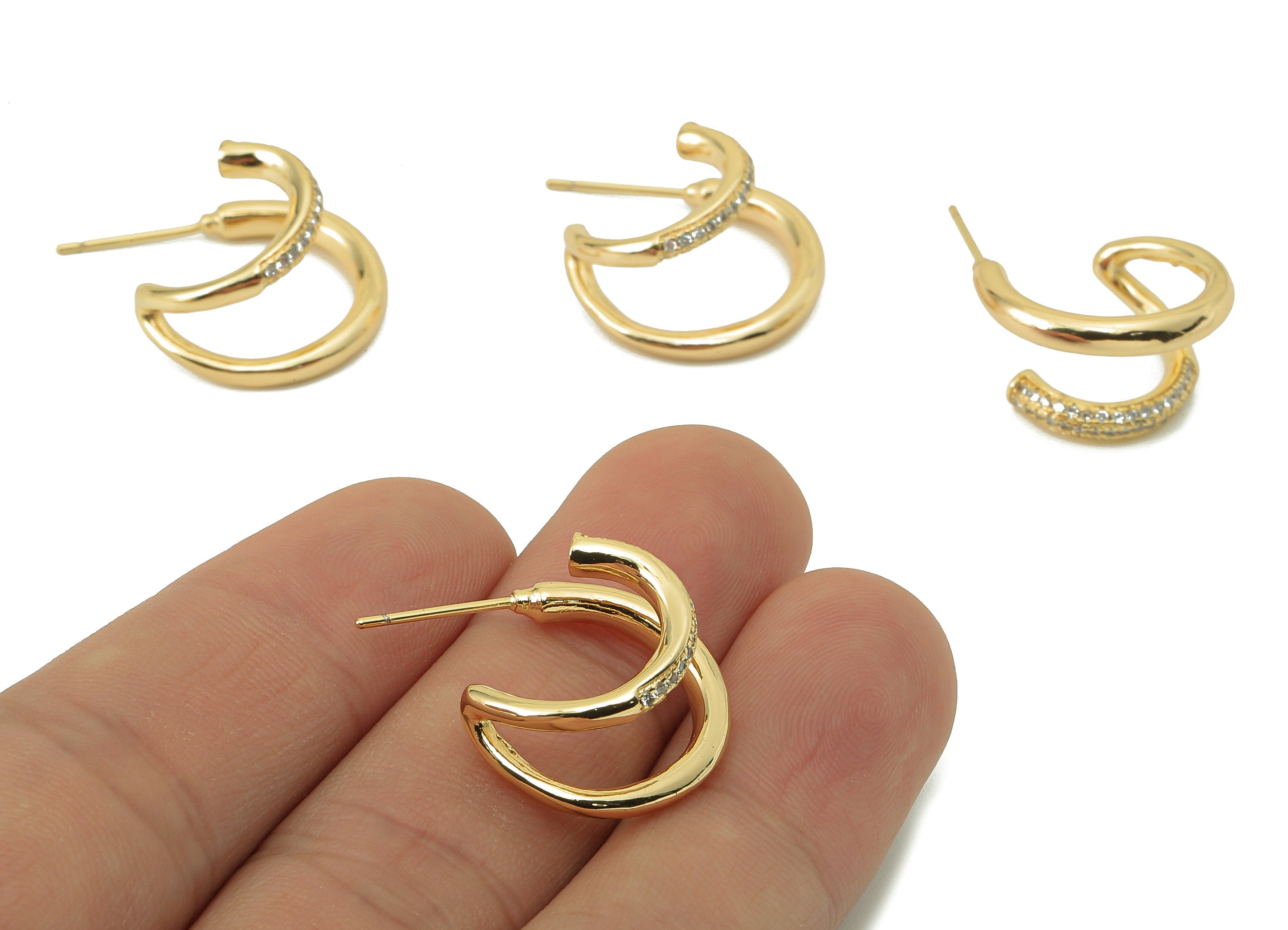 Brass C Hoop Earring Post -Brass Open Round C With Zircon Stud - CZ Stud Earring - 18K Real Gold Plating -25.53x 19.83x 2.38mm-RGP5842 - DOMEDBAZAAR