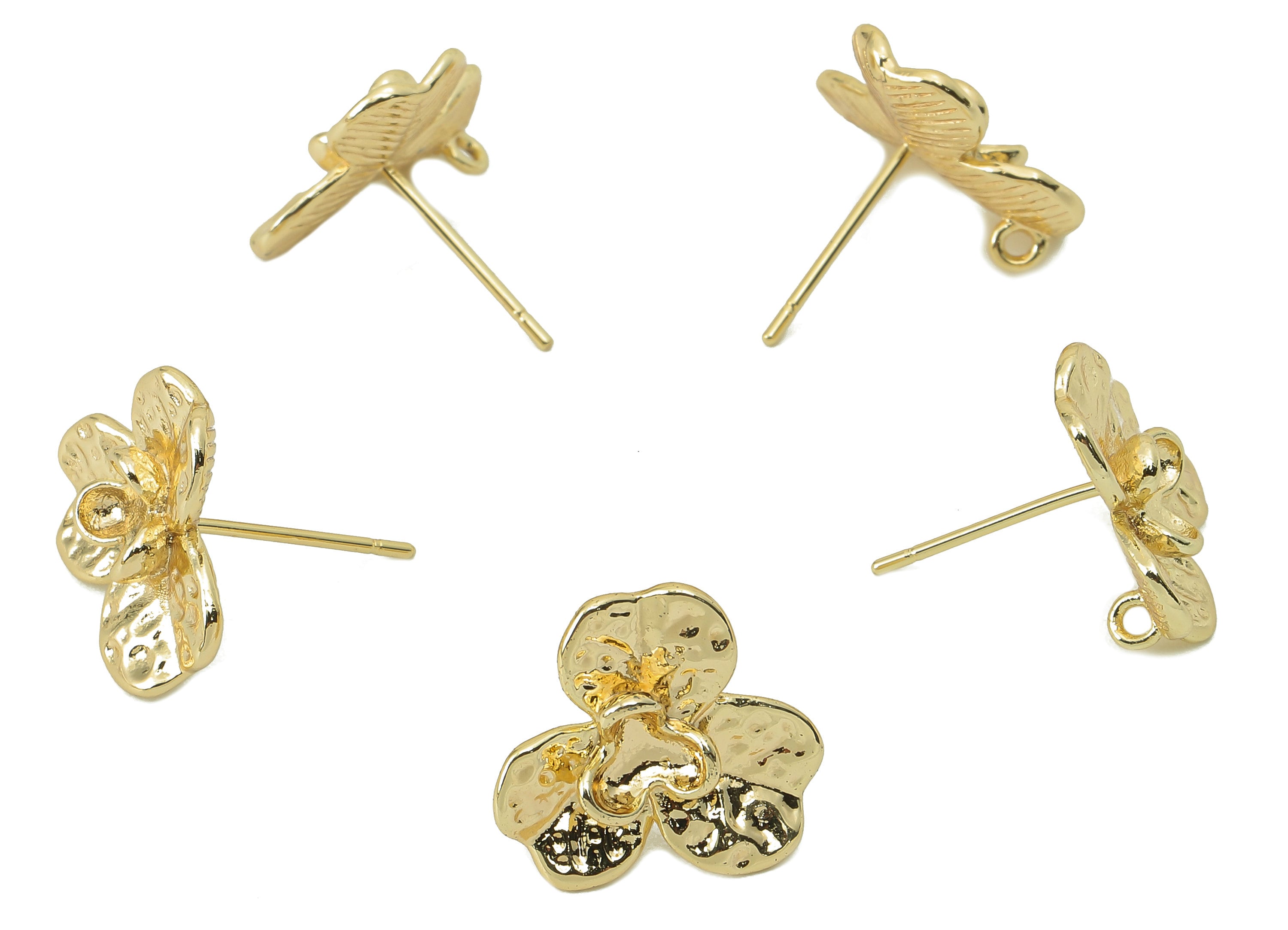 Brass Flower Earring Post -Brass Hammered Stud - Flower Stud Earring - 18K Real Gold Plating -14.94x 13.85x 1.78mm-RGP5849 - DOMEDBAZAAR