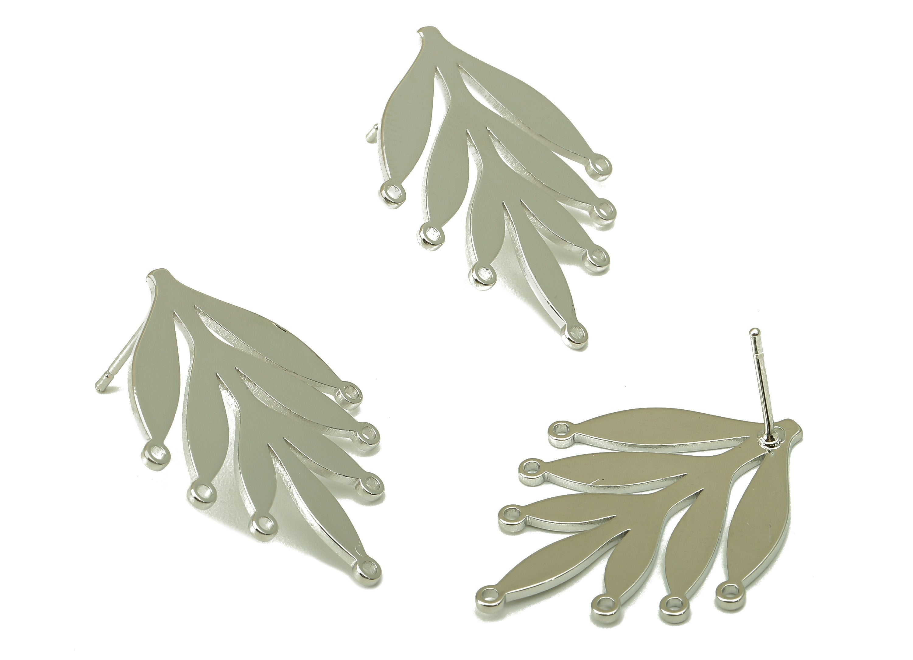 Brass Spruce Stud Earring - Botanical Earring Post -leaf Earring Post with Holes - 18k real white gold  plating- 31x23.4x1mm - RGP5910G - DOMEDBAZAAR