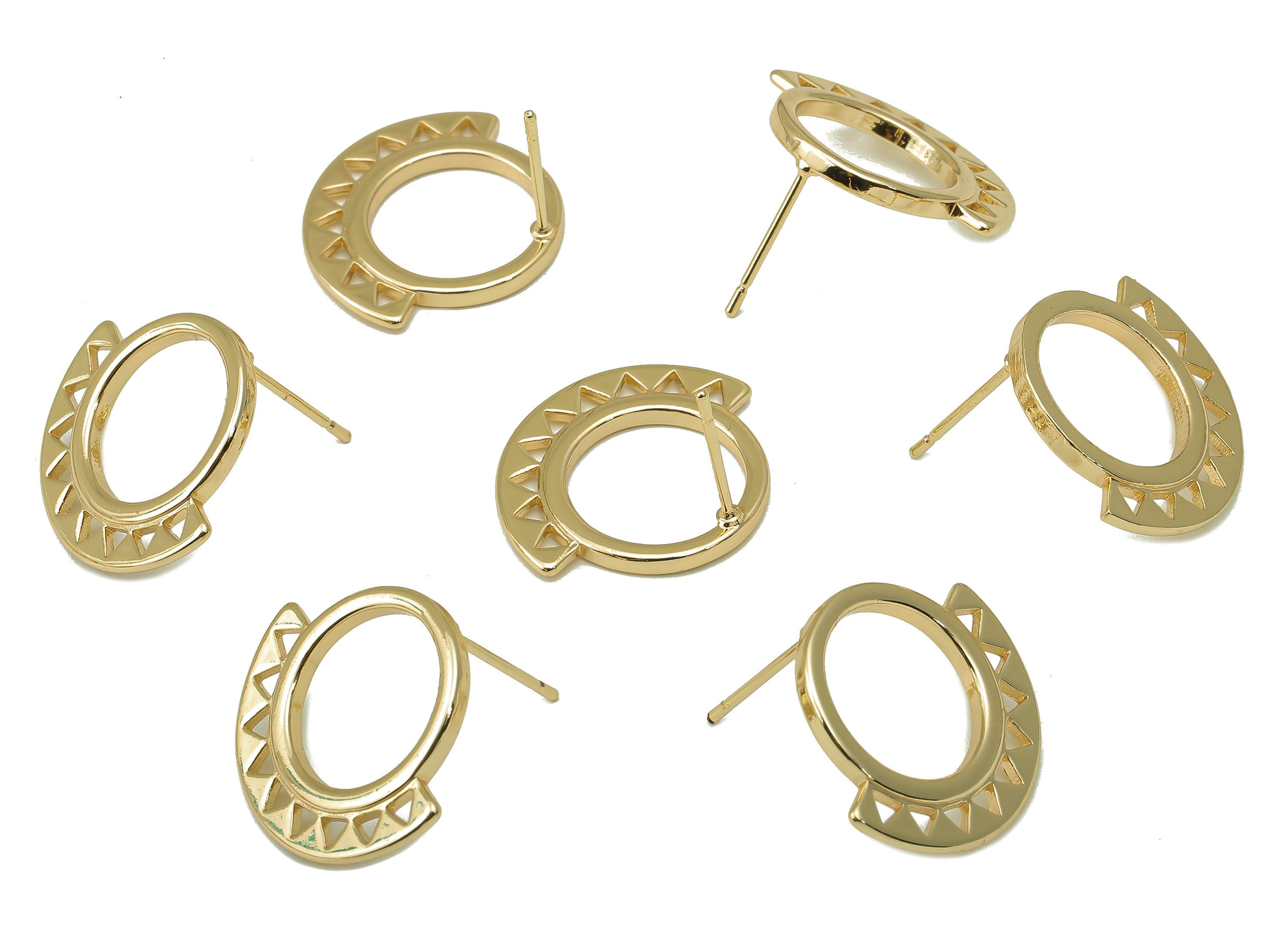 Brass Round Stud Earring - Semicircle Earring Post - Arch Bridge Hollow Triangle Post - 18K Real Gold Plating - 21x 18x 1.77mm- RGP5911G - DOMEDBAZAAR