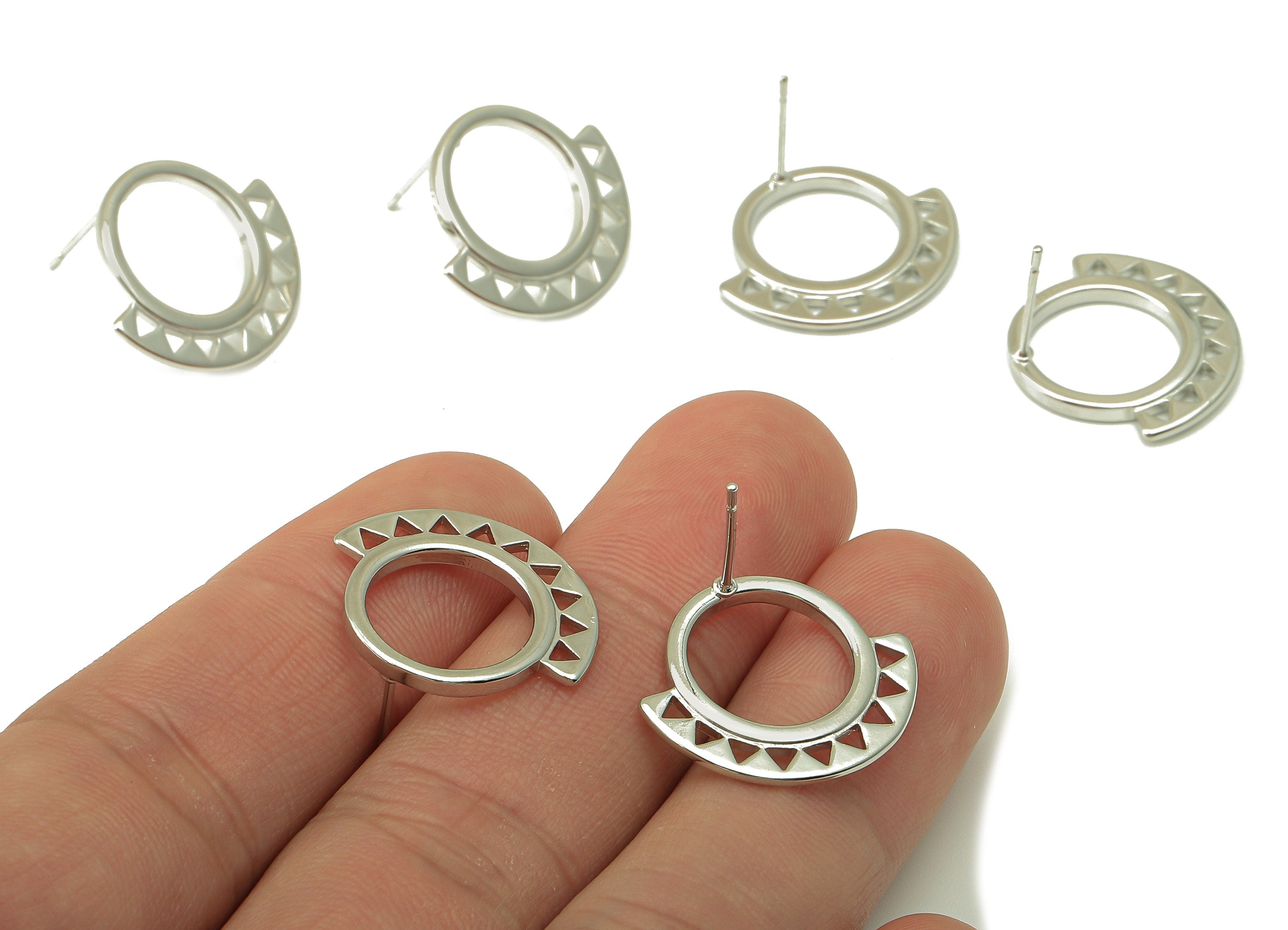 Silver Round Stud Earring - Semicircle Earring Post - Arch Bridge Hollow Triangle Post - 18K Real White Gold Plating - 21x 18x 2mm- RGP5911S - DOMEDBAZAAR
