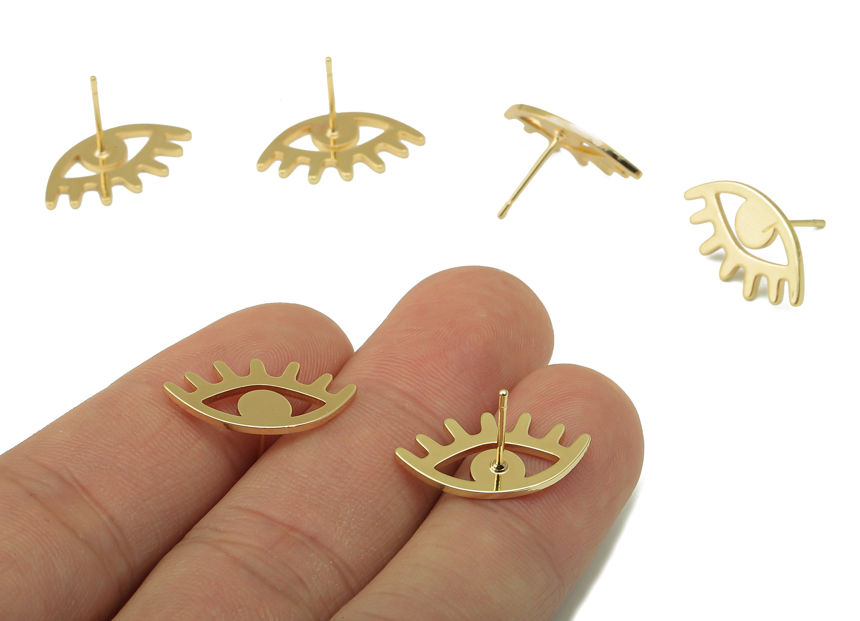 Brass Eyes Stud Earring - Eyelash Shaped Earring Stud- Sunflower Eyelash Post - 18K Real Gold Plating - 20x11x1mm- RGP5912G - DOMEDBAZAAR