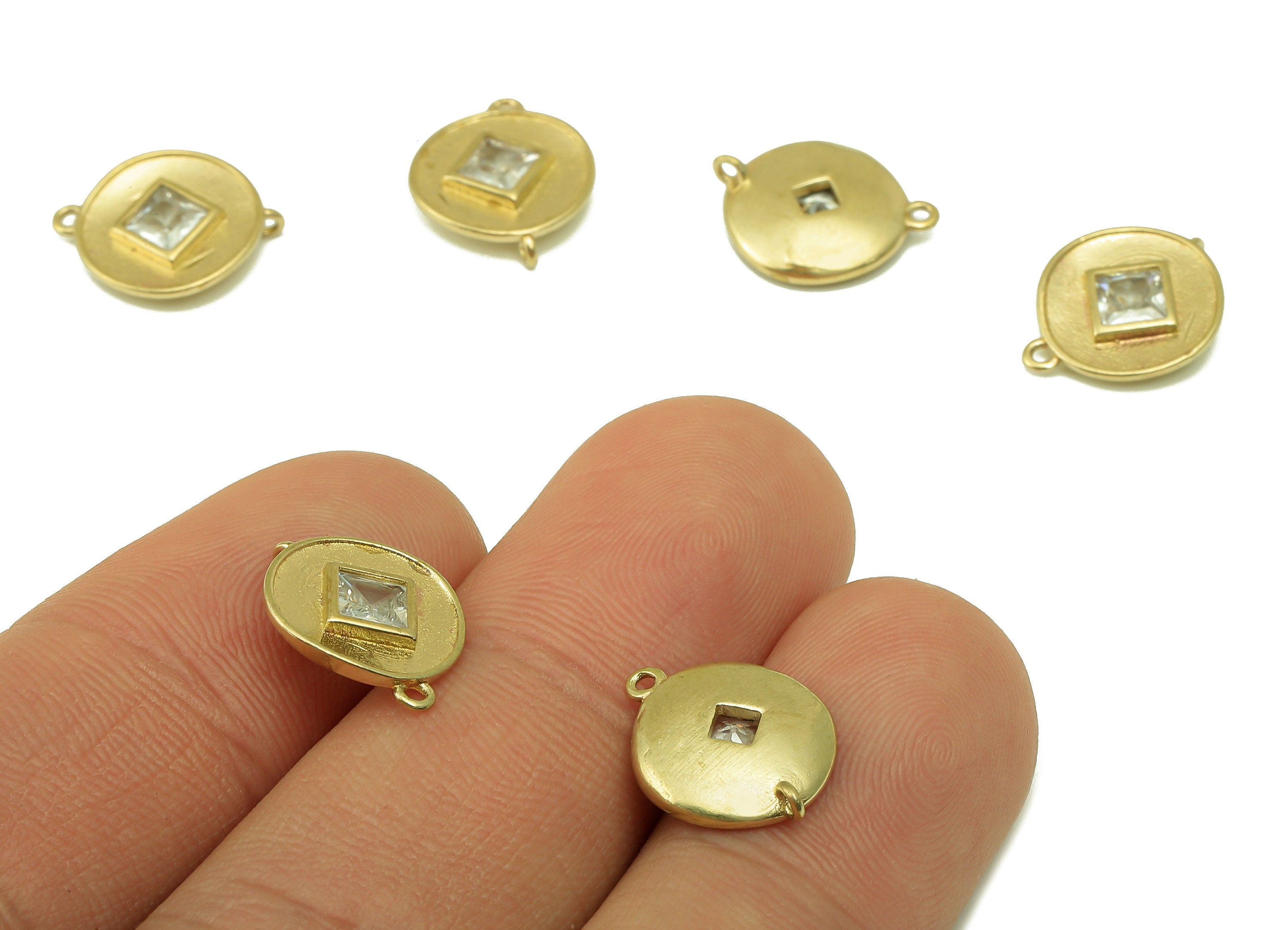 Brass Circle Earring Charms - Raw Brass Square Cubic Zirconia - For Necklace - CZ Circle Connector - Jewelry Making - 14x11.3x2.8mm - PP8570 - DOMEDBAZAAR