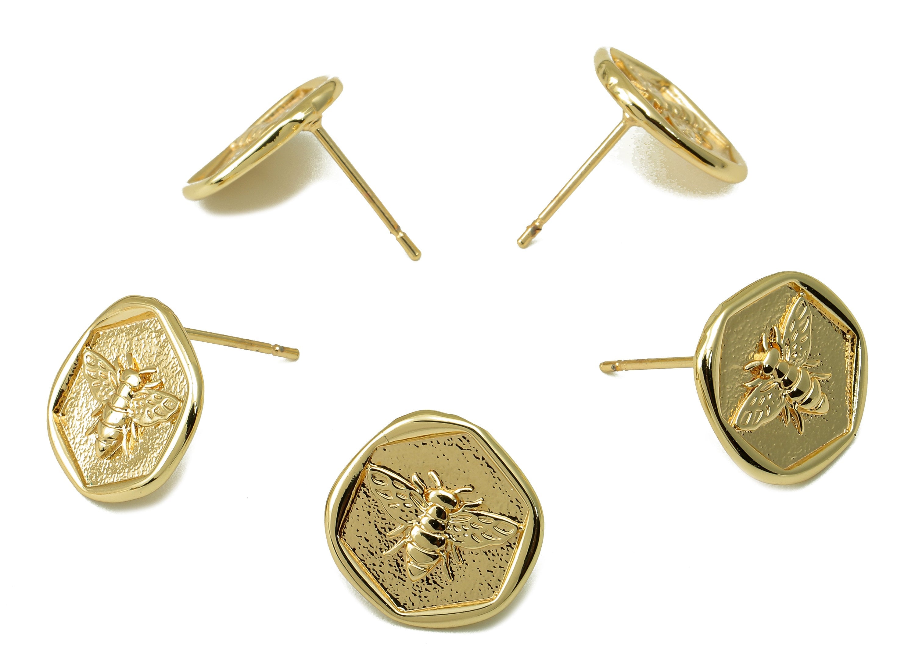 Brass Bee Stud Earring - Textured Circle post - Hexagon Earring Stud -18K Real Gold Plating - 13.5x13x1.39mm- RGP5913G - DOMEDBAZAAR