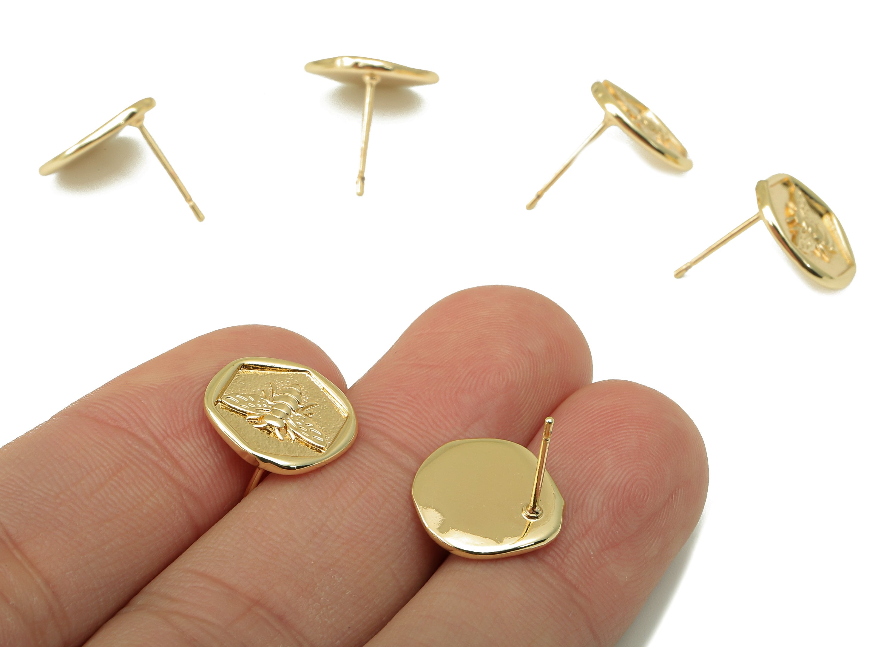 Brass Bee Stud Earring - Textured Circle post - Hexagon Earring Stud -18K Real Gold Plating - 13.5x13x1.39mm- RGP5913G - DOMEDBAZAAR